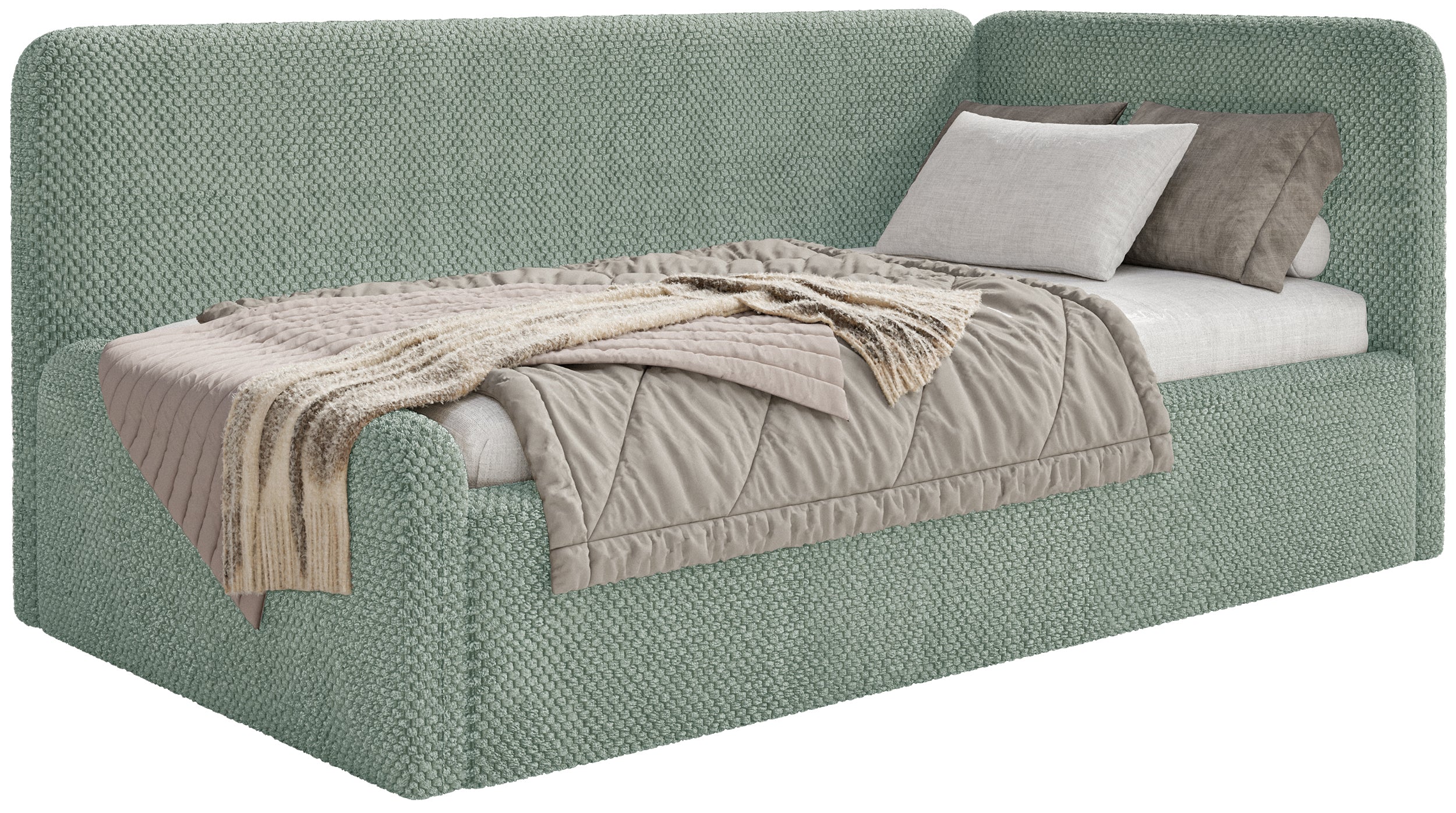 Jugendbett 90x200 cm Fanklo rechtsseitig mit Stauraum, salbeigrüner, hydrophober Plüsch