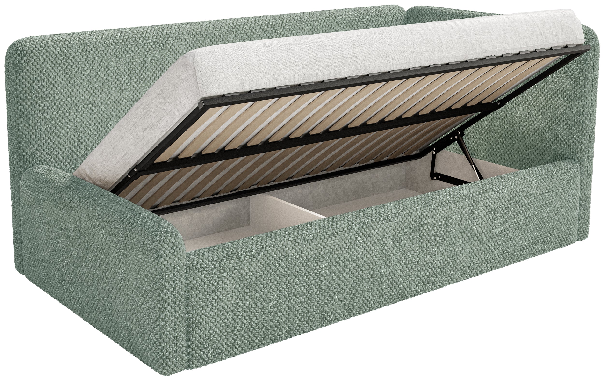 Jugendbett 120x200 cm Fanklo rechtsseitig mit Stauraum, salbeigrüner Plüsch, wasserabweisend