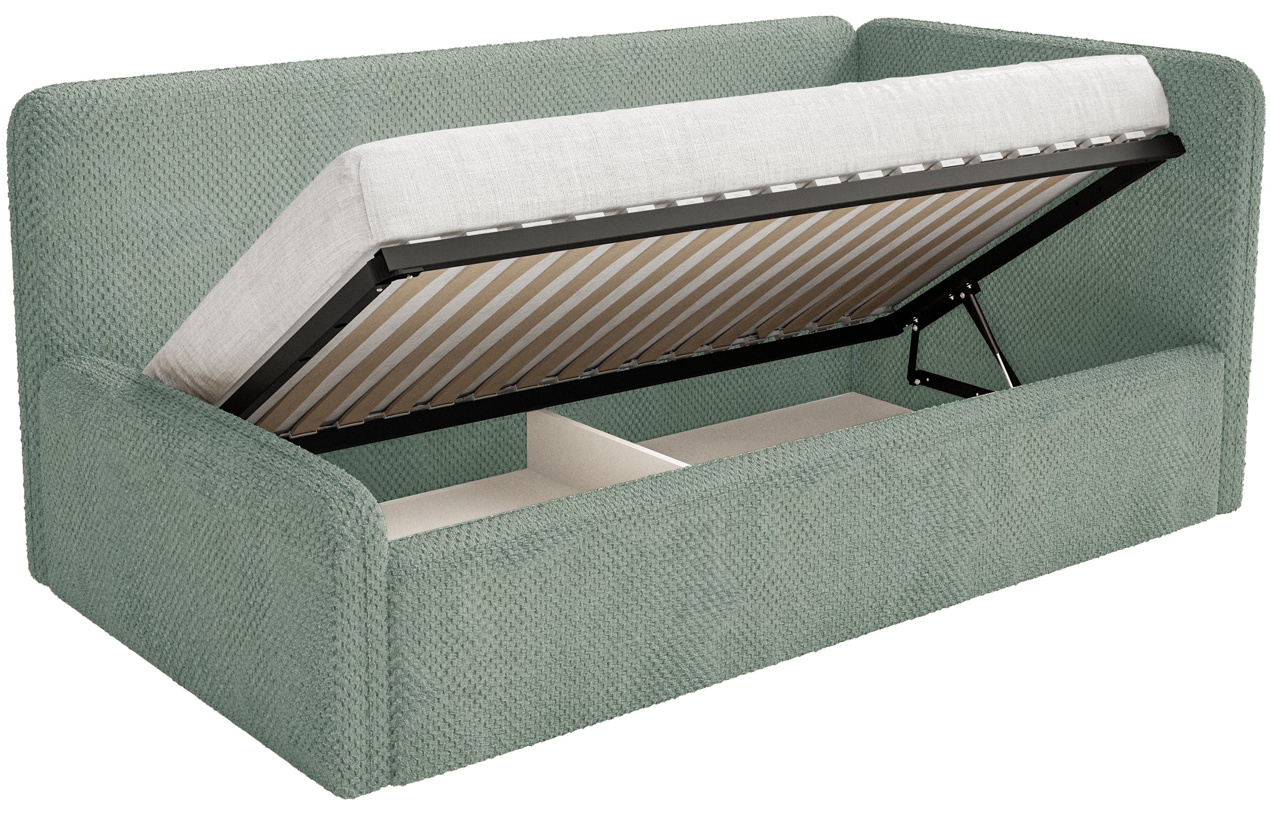 Jugendbett 90x200 cm Fanklo rechtsseitig mit Stauraum, salbeigrüner, hydrophober Plüsch