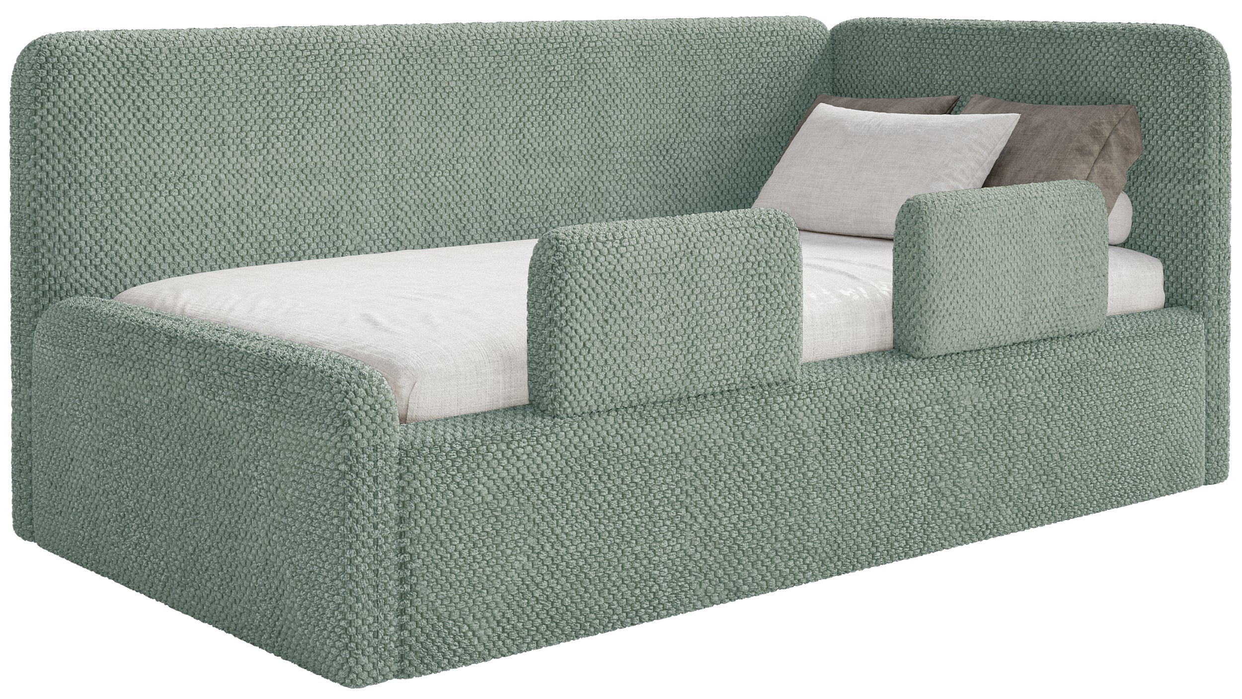 Jugendbett 90x200 cm Fanklo rechtsseitig mit Stauraum und Geländern, salbeigrüner hydrophober Plüsch