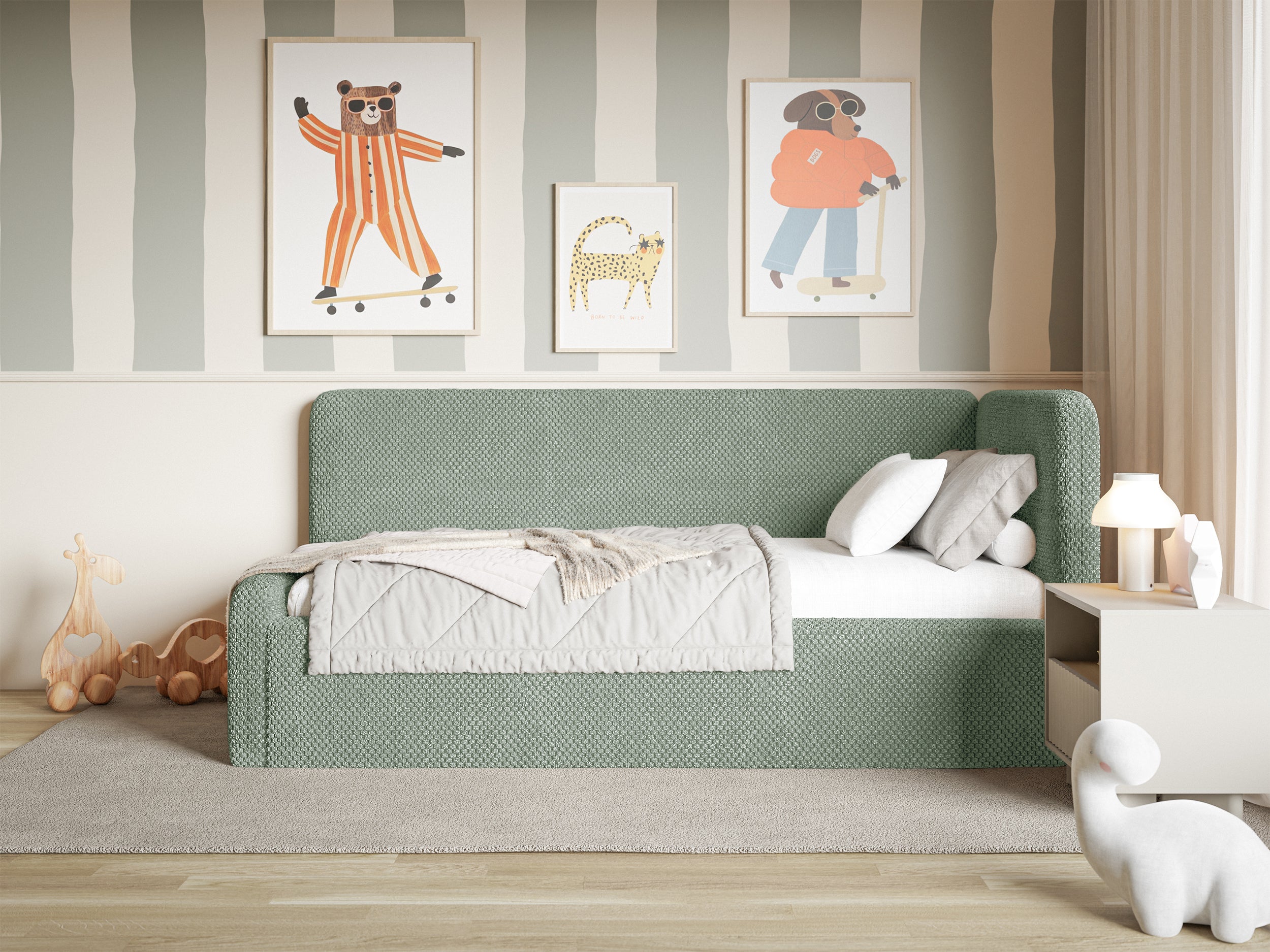 Jugendbett 120x200 cm Fanklo rechtsseitig mit Stauraum, salbeigrüner Plüsch, wasserabweisend