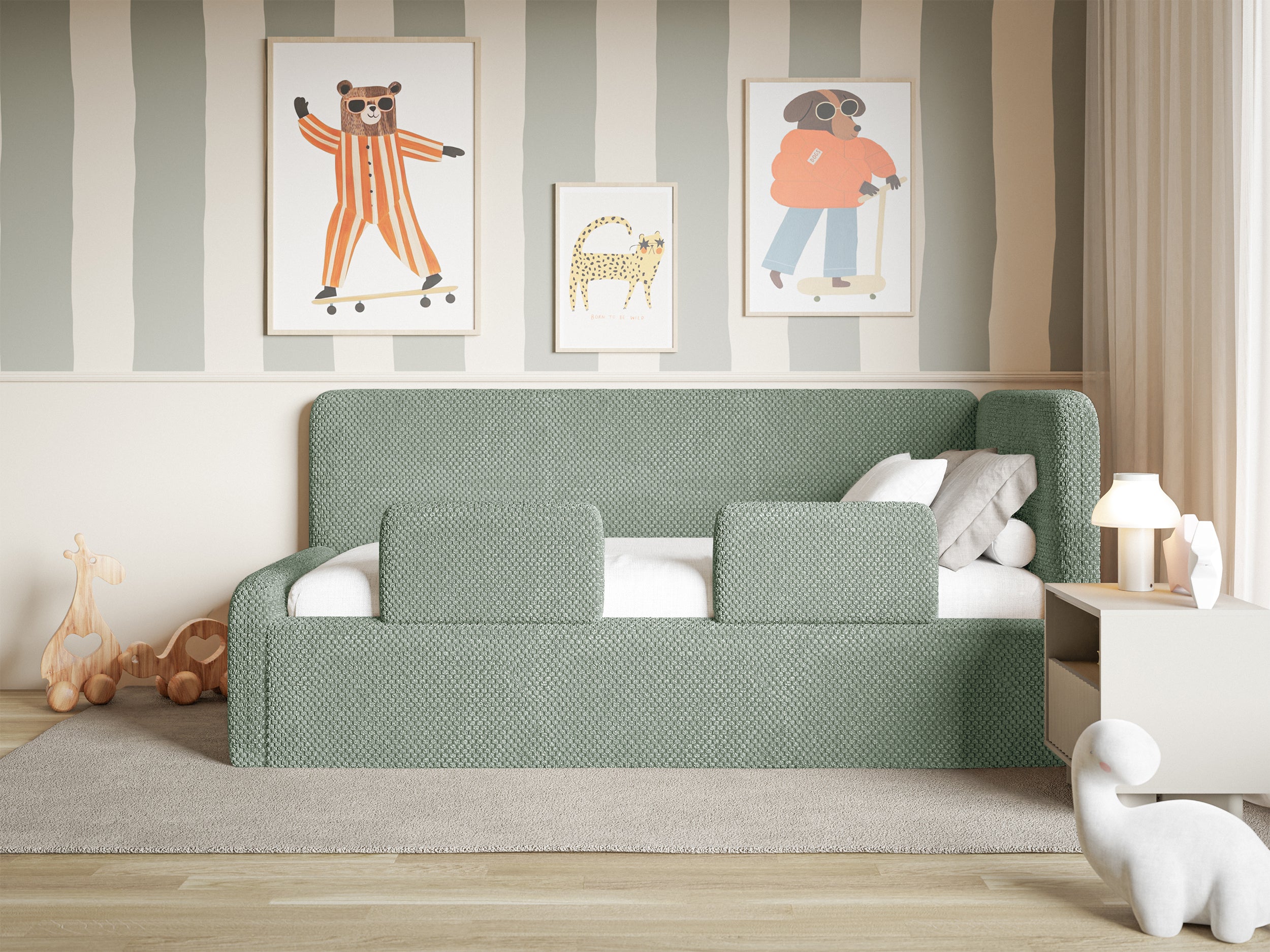 Jugendbett 120x200 cm Fanklo rechtsseitig mit Stauraum und Geländern, salbeigrüner Plüsch, wasserabweisend
