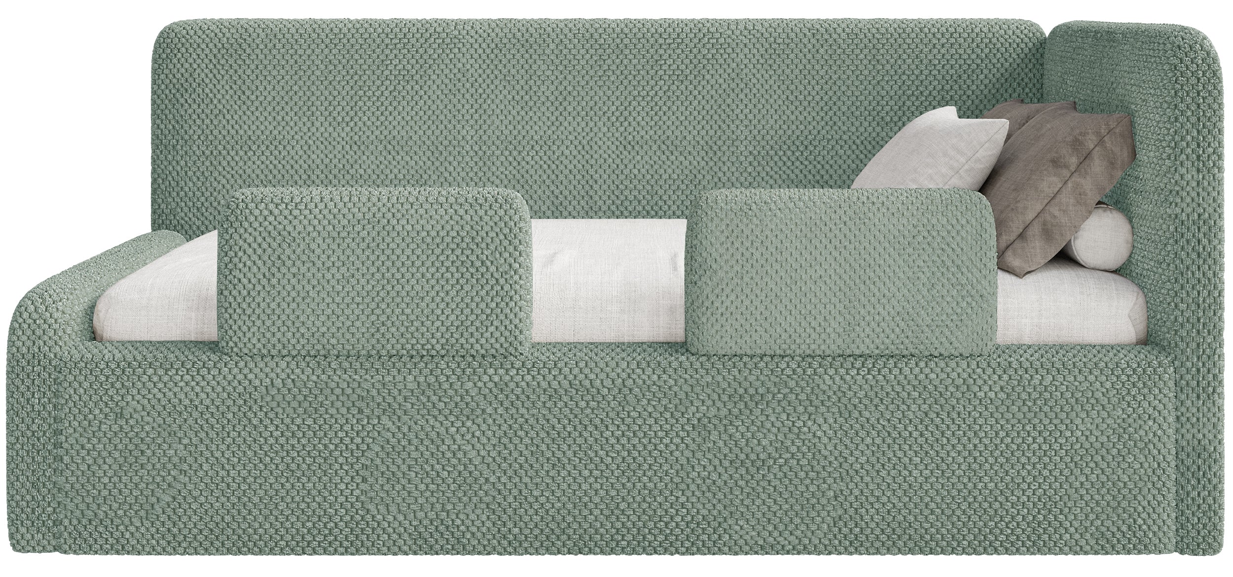 Jugendbett 120x200 cm Fanklo rechtsseitig mit Stauraum und Geländern, salbeigrüner Plüsch, wasserabweisend
