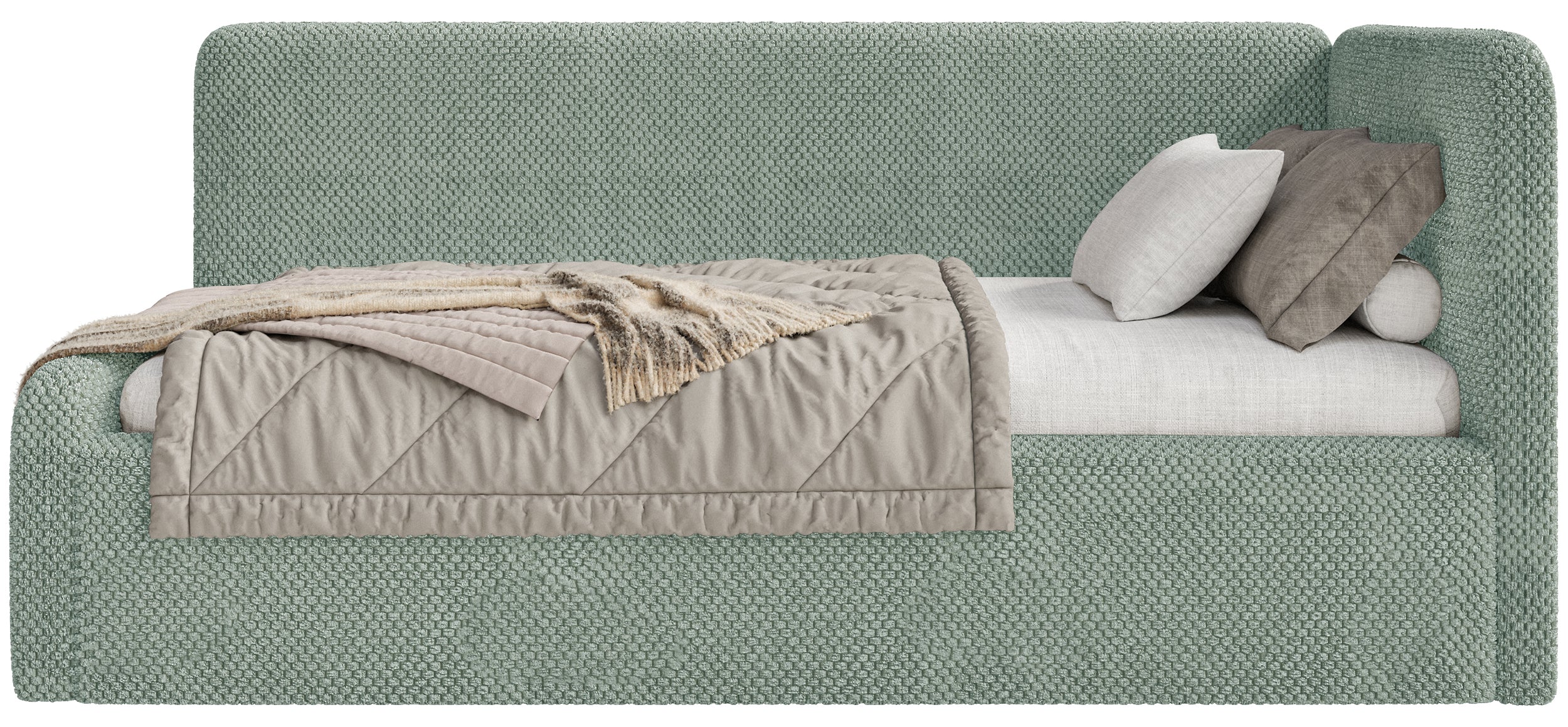 Jugendbett 120x200 cm Fanklo rechtsseitig mit Stauraum, salbeigrüner Plüsch, wasserabweisend