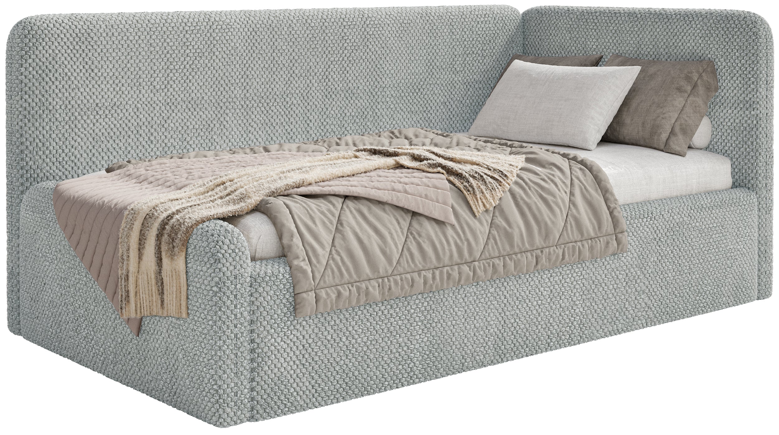 Jugendbett 120x200 cm Fanklo rechtsseitig mit Stauraum und grauen, wasserabweisenden Plüschgeländern