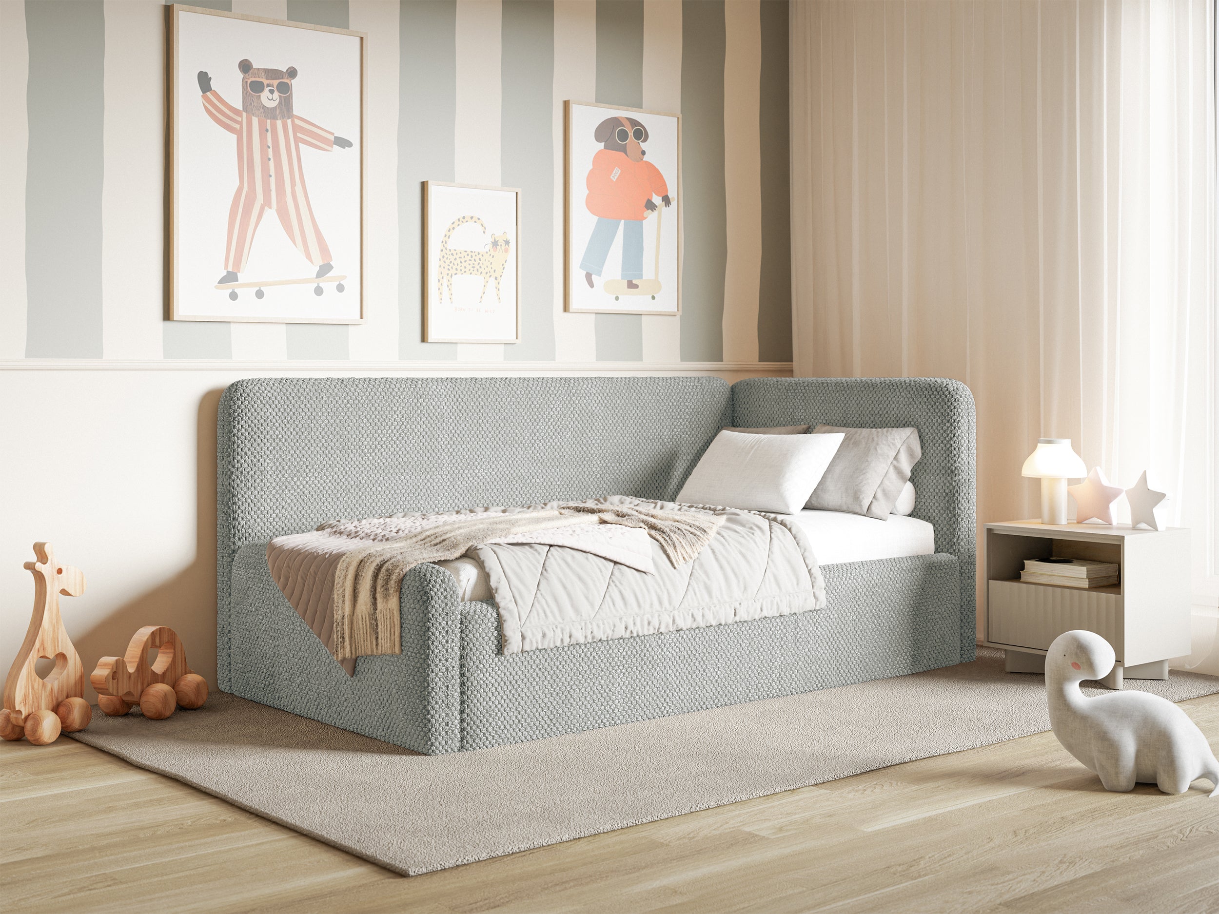 Jugendbett 120x200 cm Fanklo rechtsseitig mit Stauraum und grauen, wasserabweisenden Plüschgeländern