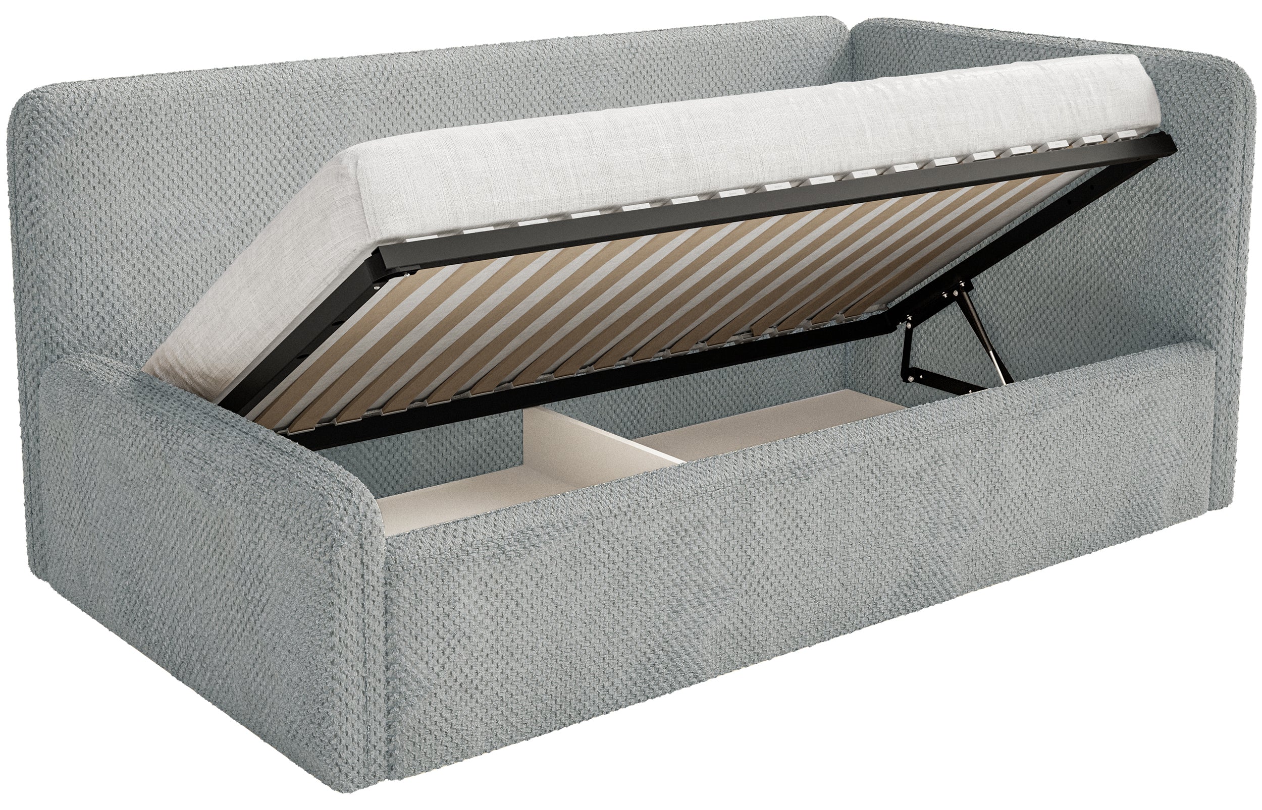 Jugendbett 90x200 cm Fanklo rechtsseitig mit Matratze und grauem, wasserabweisendem Plüsch-Aufbewahrungsfach