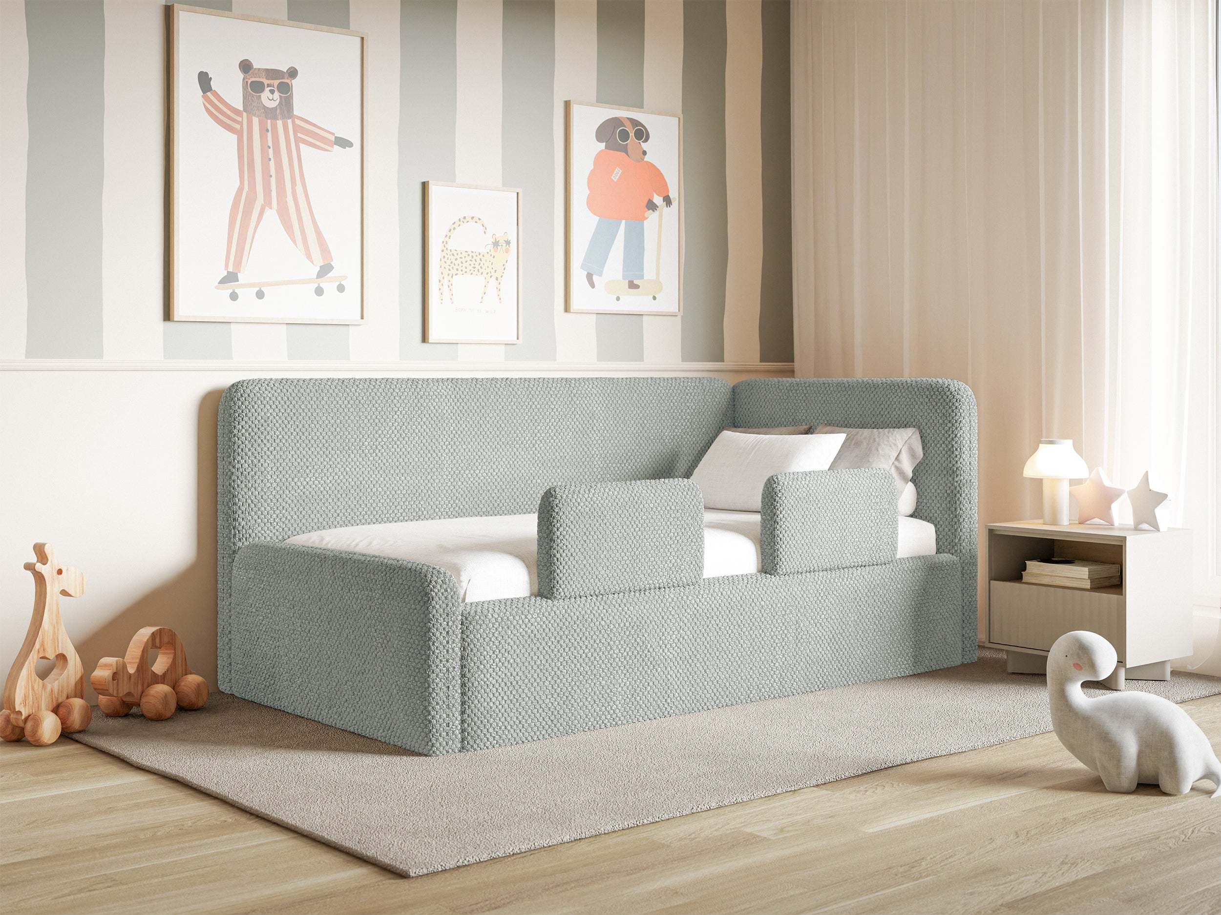 Jugendbett 90x200 cm Fanklo rechtsseitig mit Stauraum und grauen, wasserabweisenden Plüsch-Geländern