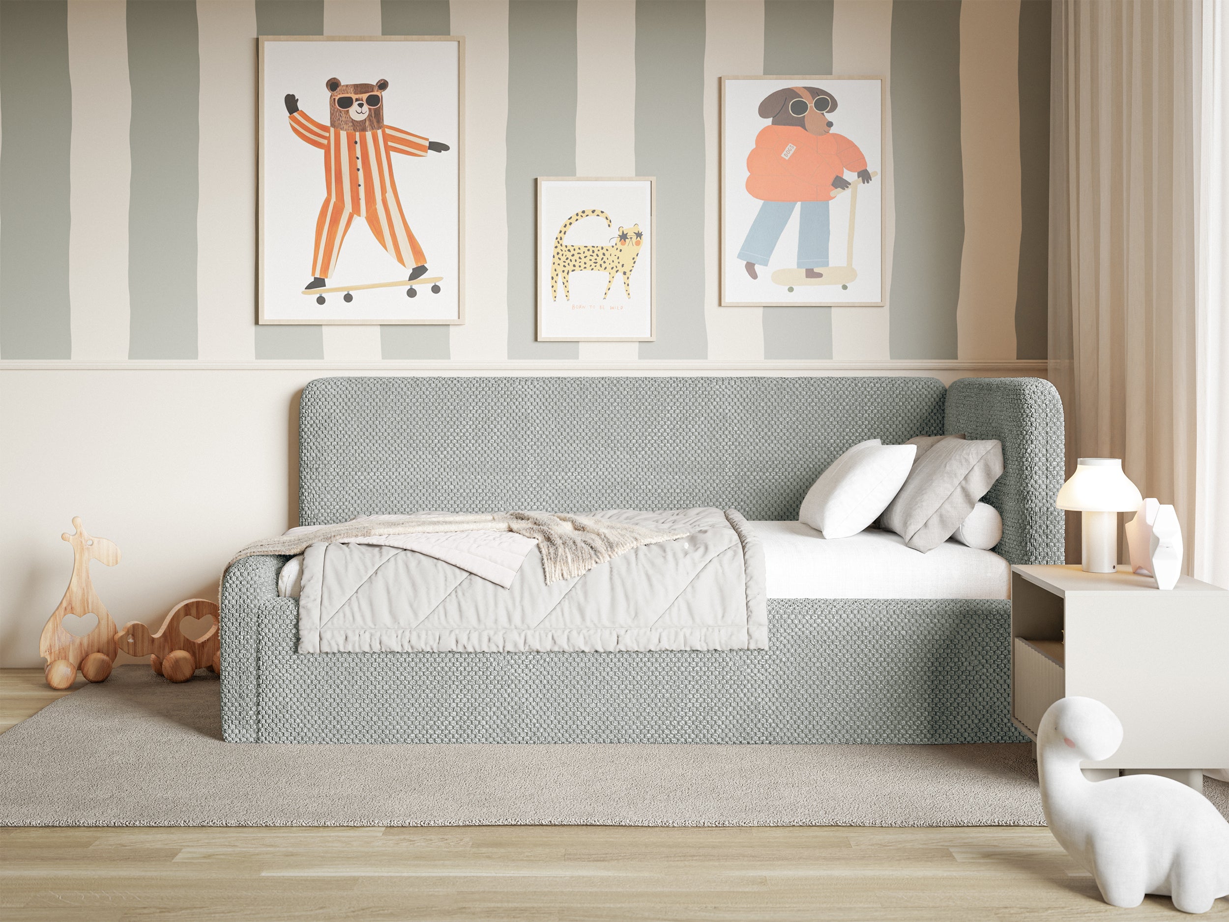 Jugendbett 120x200 cm Fanklo rechtsseitig mit Stauraum und grauen, wasserabweisenden Plüschgeländern