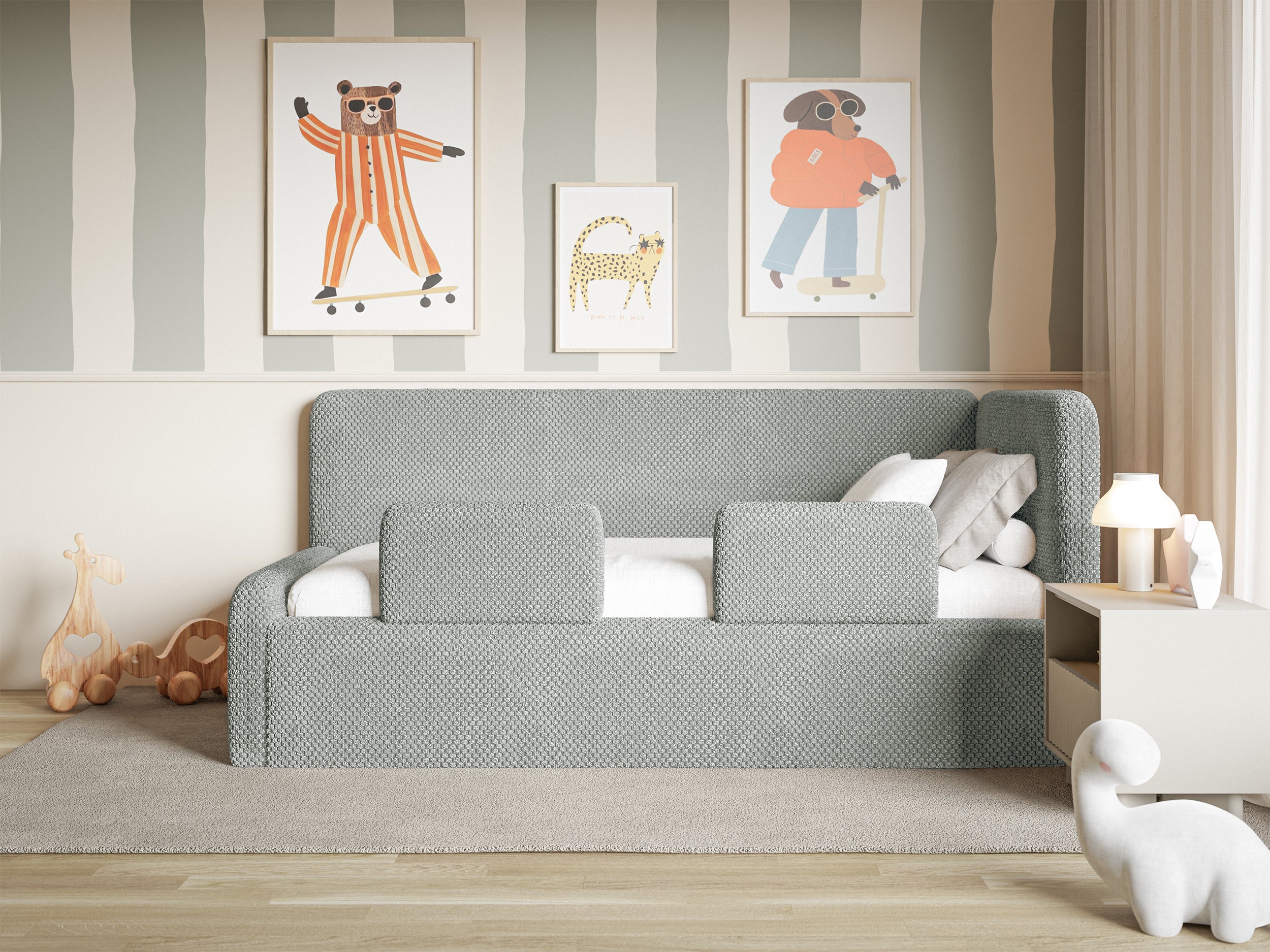 Jugendbett 120x200 cm Fanklo rechtsseitig mit Stauraum und grauen, wasserabweisenden Plüschgeländern
