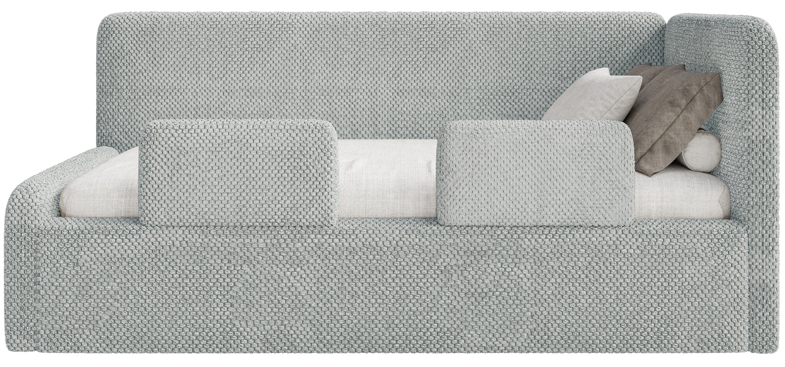 Jugendbett 90x200 cm Fanklo rechtsseitig mit Stauraum und grauen, wasserabweisenden Plüsch-Geländern