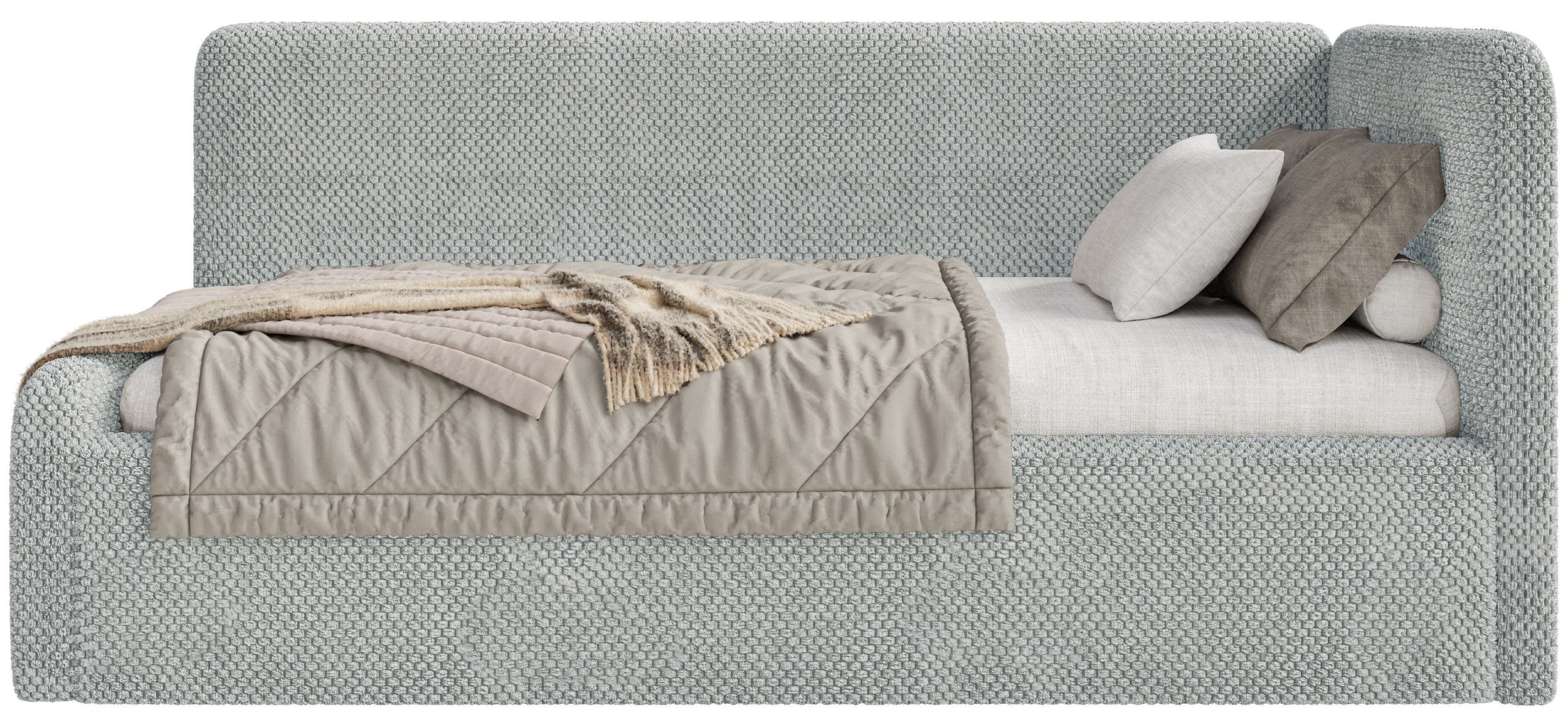 Jugendbett 90x200 cm Fanklo rechtsseitig mit Matratze und grauem, wasserabweisendem Plüsch-Aufbewahrungsfach