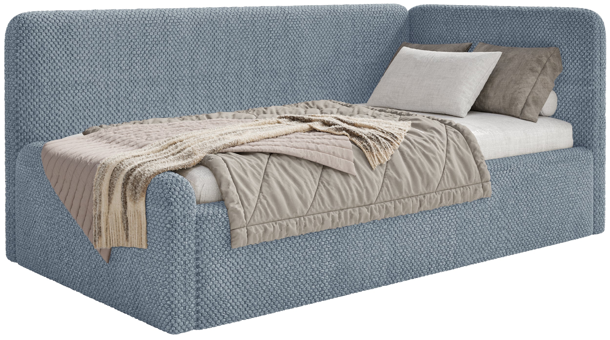 Jugendbett 90x200 cm Fanklo rechtsseitig mit Matratze, Stauraum und blauen, wasserabweisenden Plüsch-Gittern
