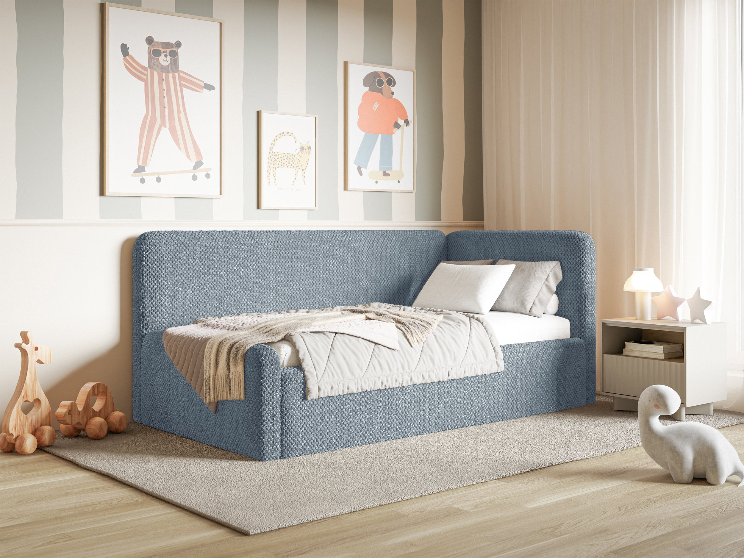 Jugendbett 90x200 cm Fanklo rechtsseitig mit Matratze, Stauraum und blauen, wasserabweisenden Plüsch-Gittern