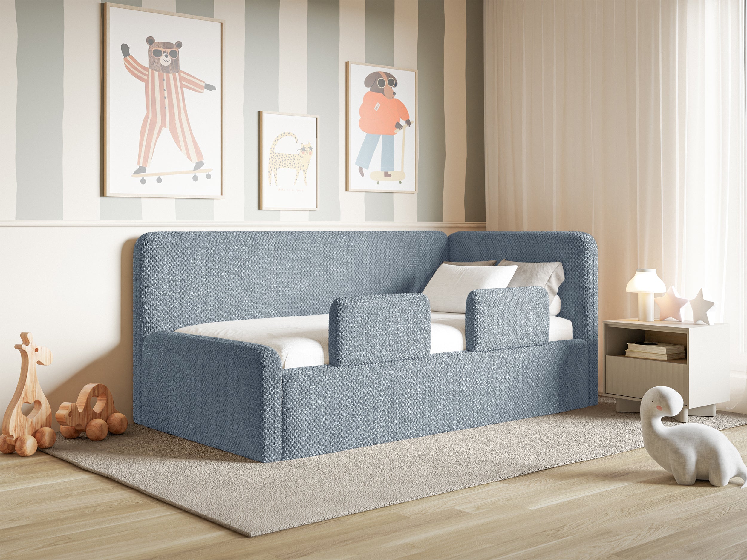 Jugendbett 90x200 cm Fanklo rechtsseitig mit Matratze, Stauraum und blauen, wasserabweisenden Plüsch-Gittern