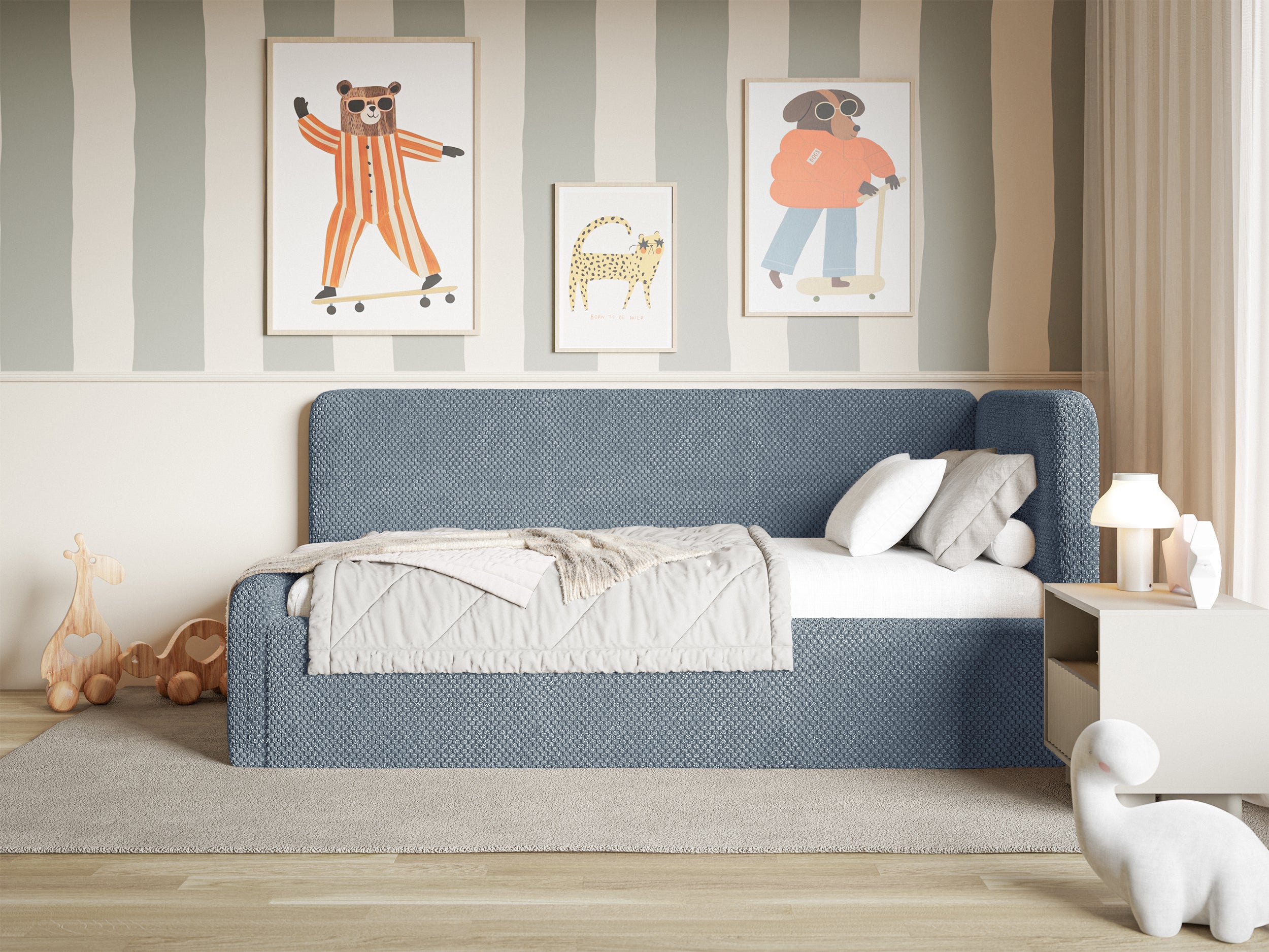 Jugendbett 90x200 cm Fanklo rechtsseitig mit Matratze, Stauraum und blauen, wasserabweisenden Plüsch-Gittern