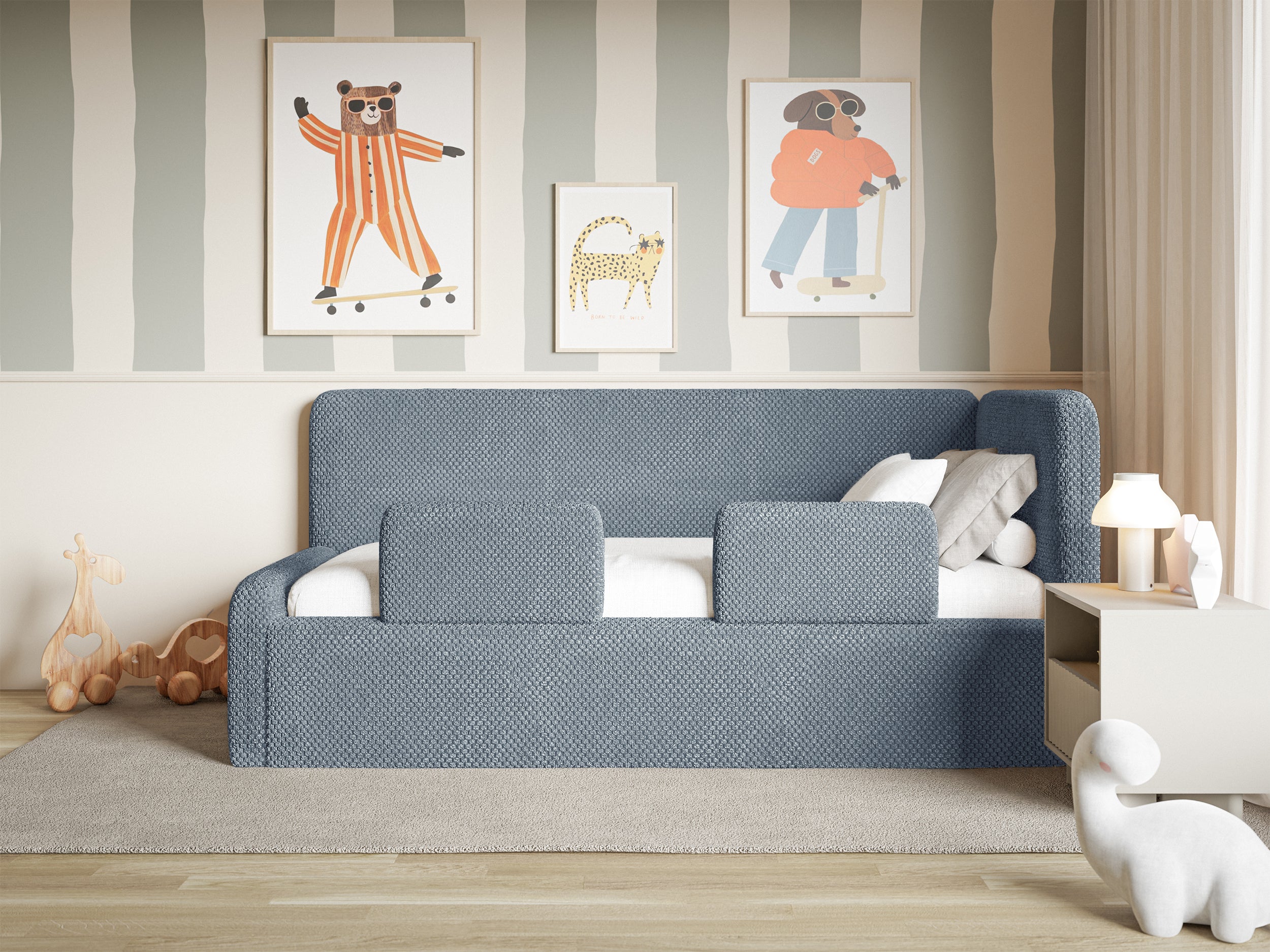 Jugendbett 90x200 cm Fanklo rechtsseitig mit Matratze, Stauraum und blauen, wasserabweisenden Plüsch-Gittern