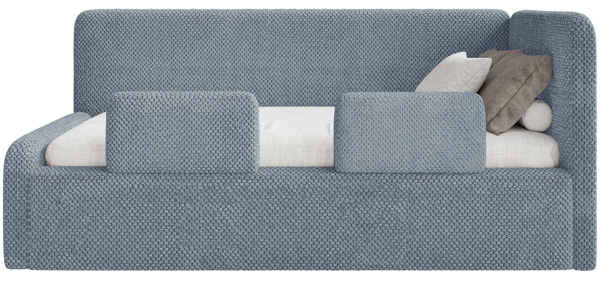 Jugendbett 90x200 cm Fanklo rechtsseitig mit Matratze, Stauraum und blauen, wasserabweisenden Plüsch-Gittern