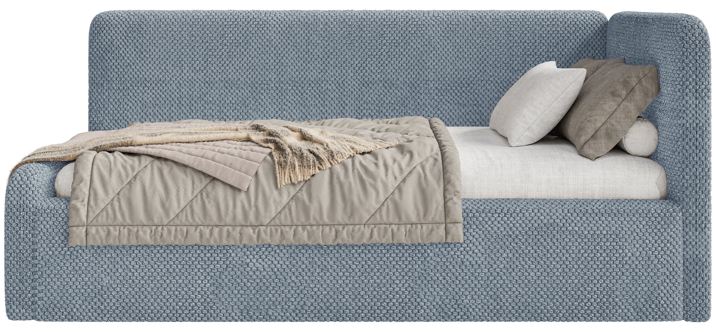 Jugendbett 90x200 cm Fanklo rechtsseitig mit Matratze, Stauraum und blauen, wasserabweisenden Plüsch-Gittern
