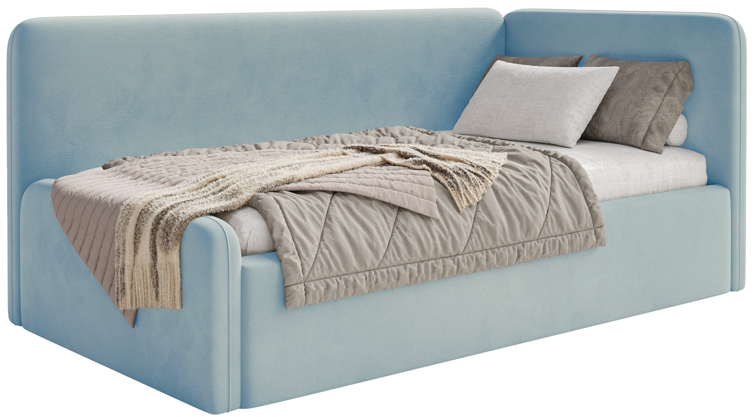 Jugendbett 90x200 cm Fanklo rechtsseitig mit Stauraum, hellblauer Velours, wasserabweisend und leicht zu reinigen