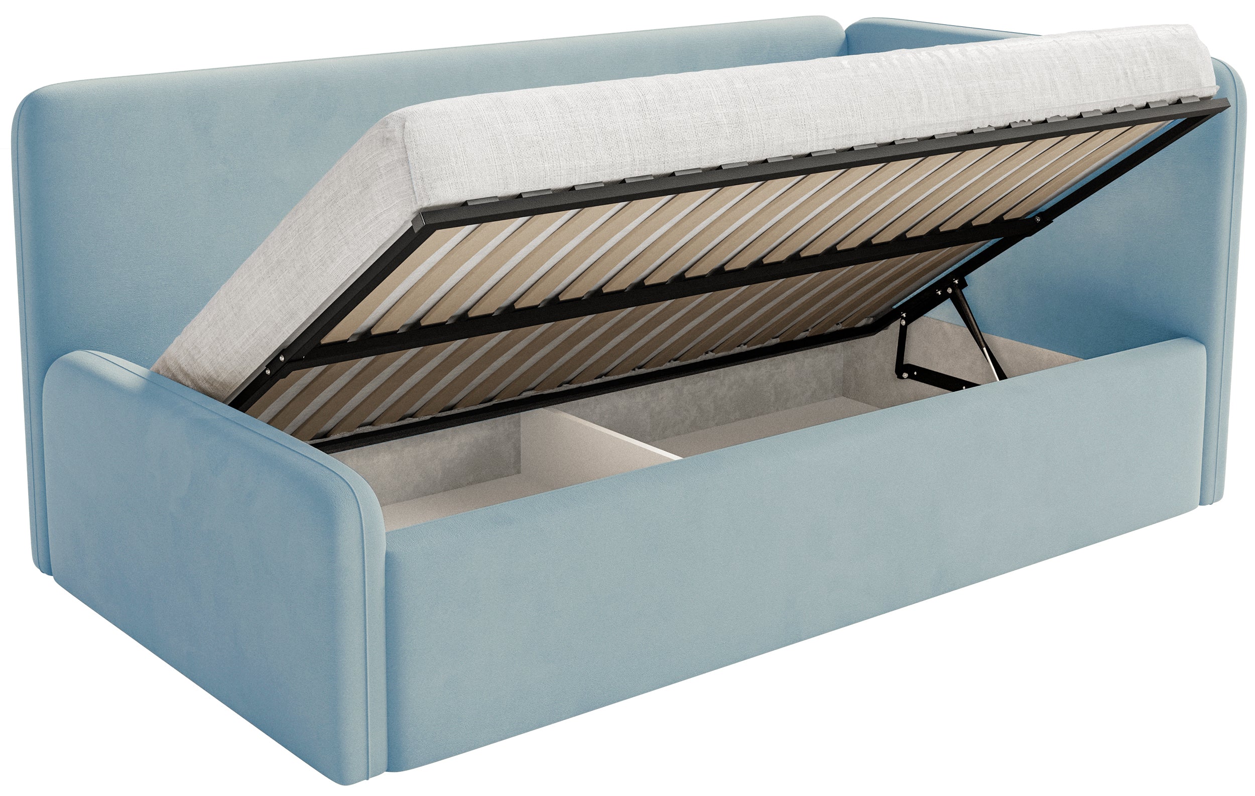 Jugendbett 120x200 cm Fanklo rechtsseitig mit Stauraum, hellblauer Velours, wasserabweisend und leicht zu reinigen