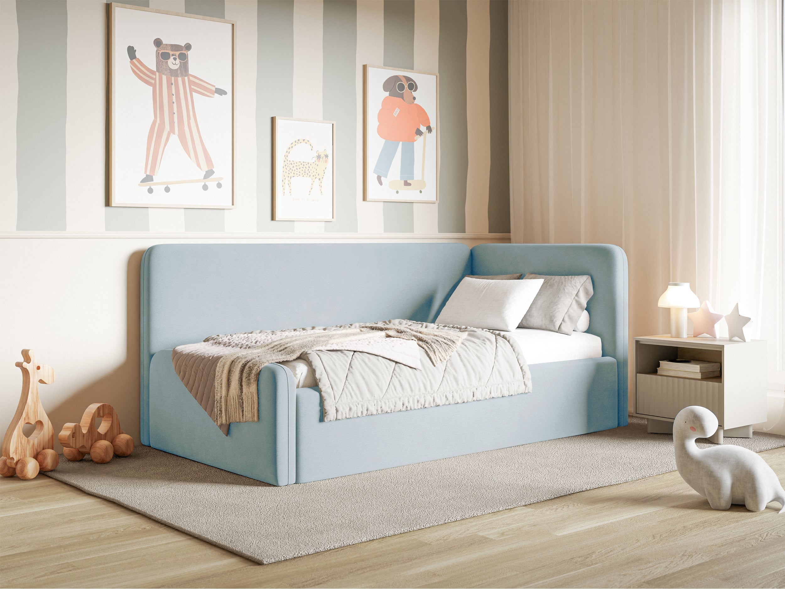 Jugendbett 90x200 cm Fanklo rechtsseitig mit Stauraum, hellblauer Velours, wasserabweisend und leicht zu reinigen
