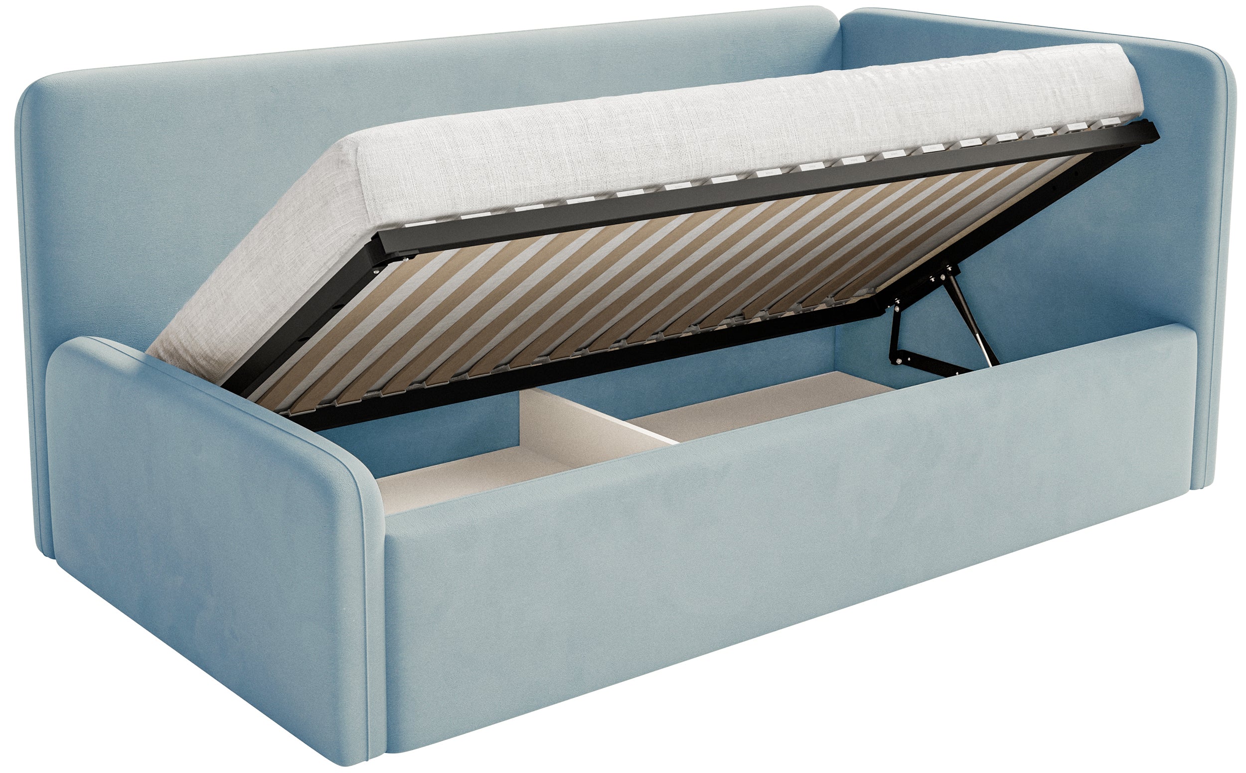 Jugendbett 90x200 cm Fanklo rechtsseitig mit Stauraum, hellblauer Velours, wasserabweisend und leicht zu reinigen