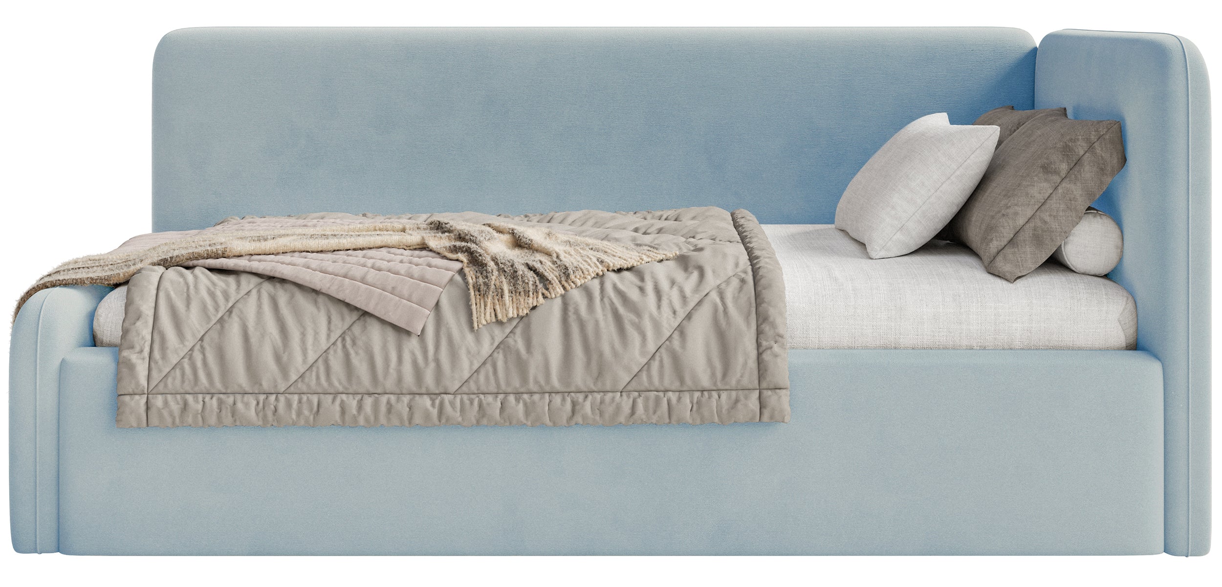 Jugendbett 90x200 cm Fanklo rechtsseitig mit Stauraum, hellblauer Velours, wasserabweisend und leicht zu reinigen