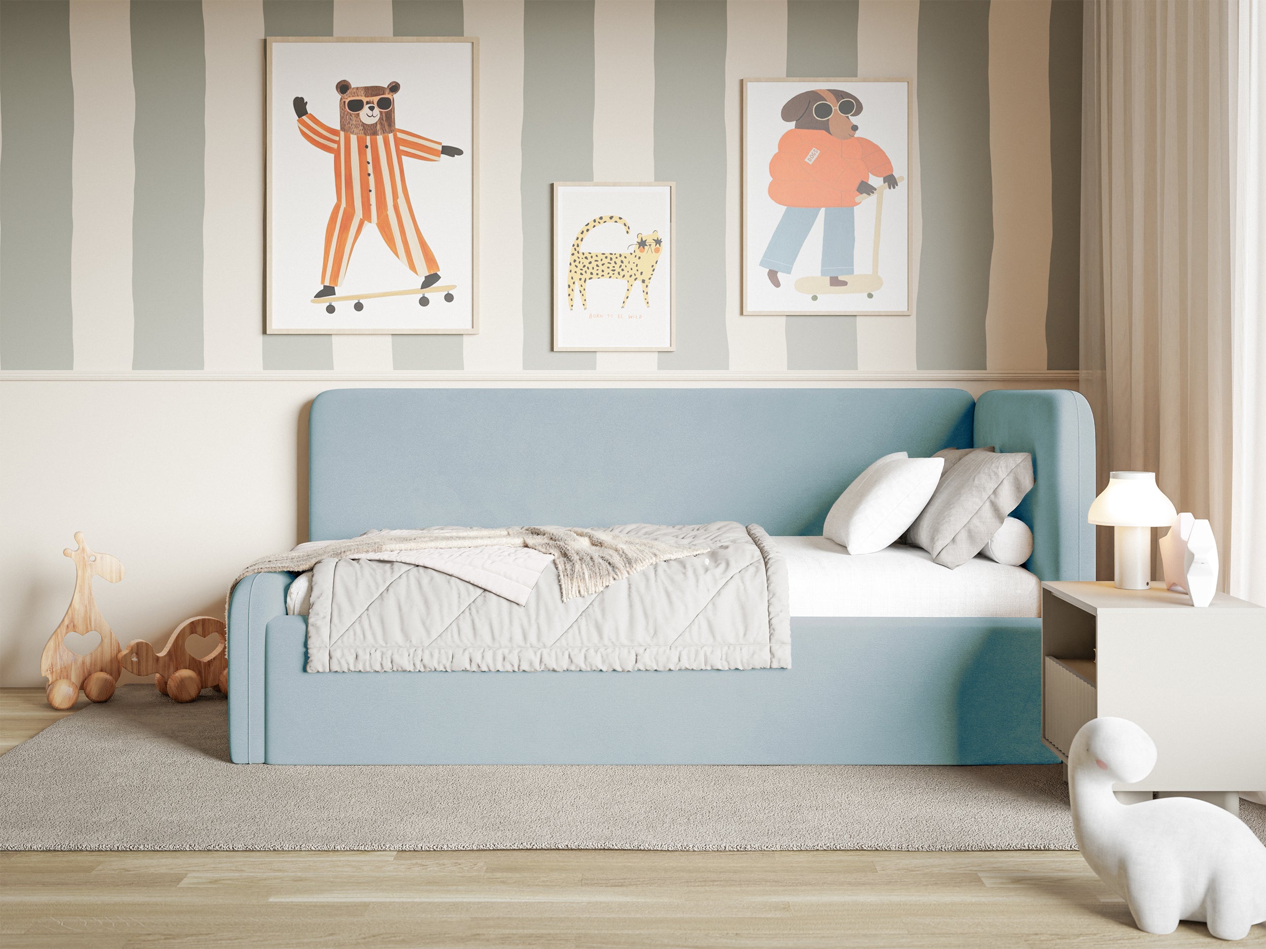 Jugendbett 90x200 cm Fanklo rechtsseitig mit Stauraum, hellblauer Velours, wasserabweisend und leicht zu reinigen