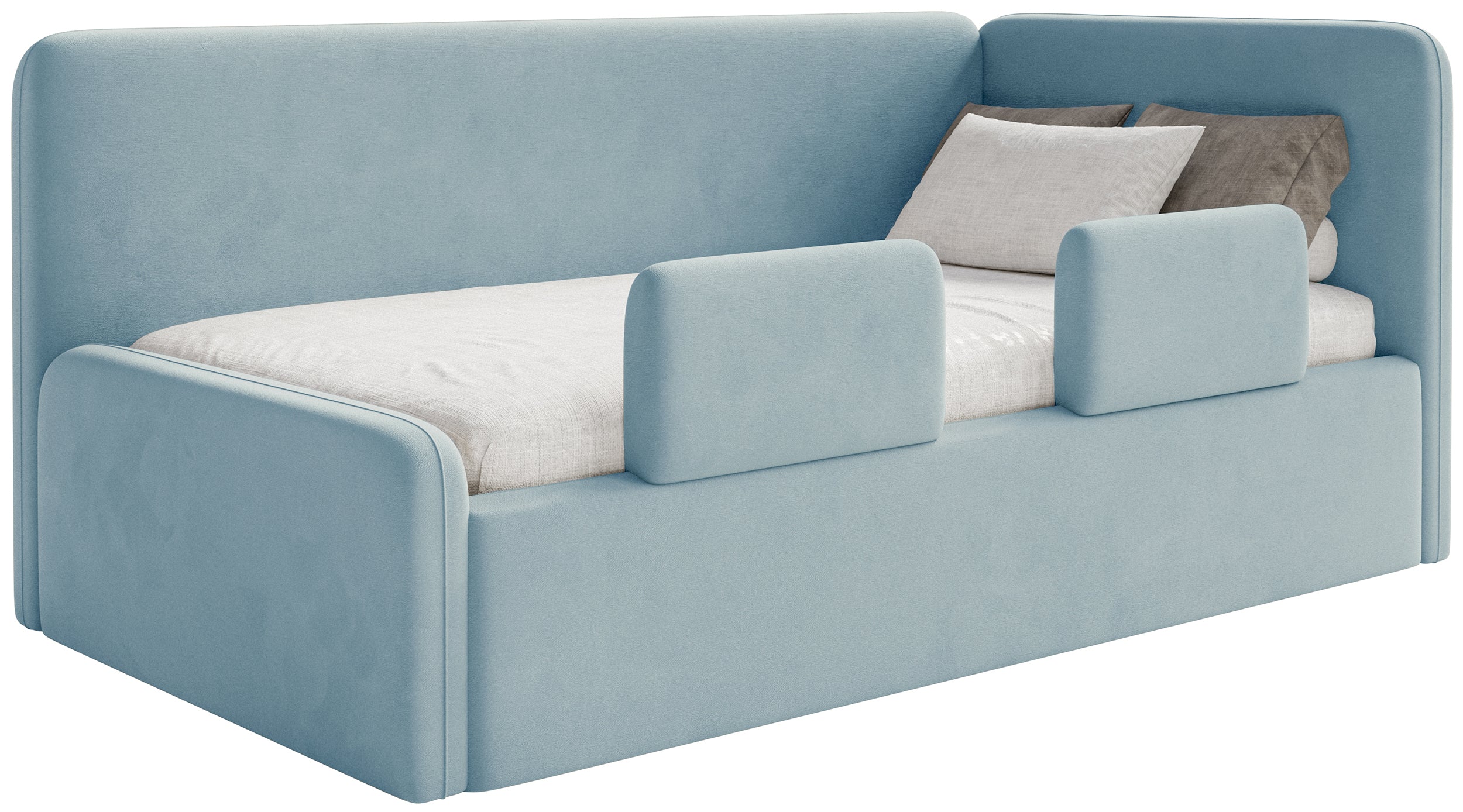 Jugendbett 90x200 cm Fanklo rechtsseitig mit Stauraum und blauen Velours-Hydrophob-Vorhängen, leicht zu reinigen