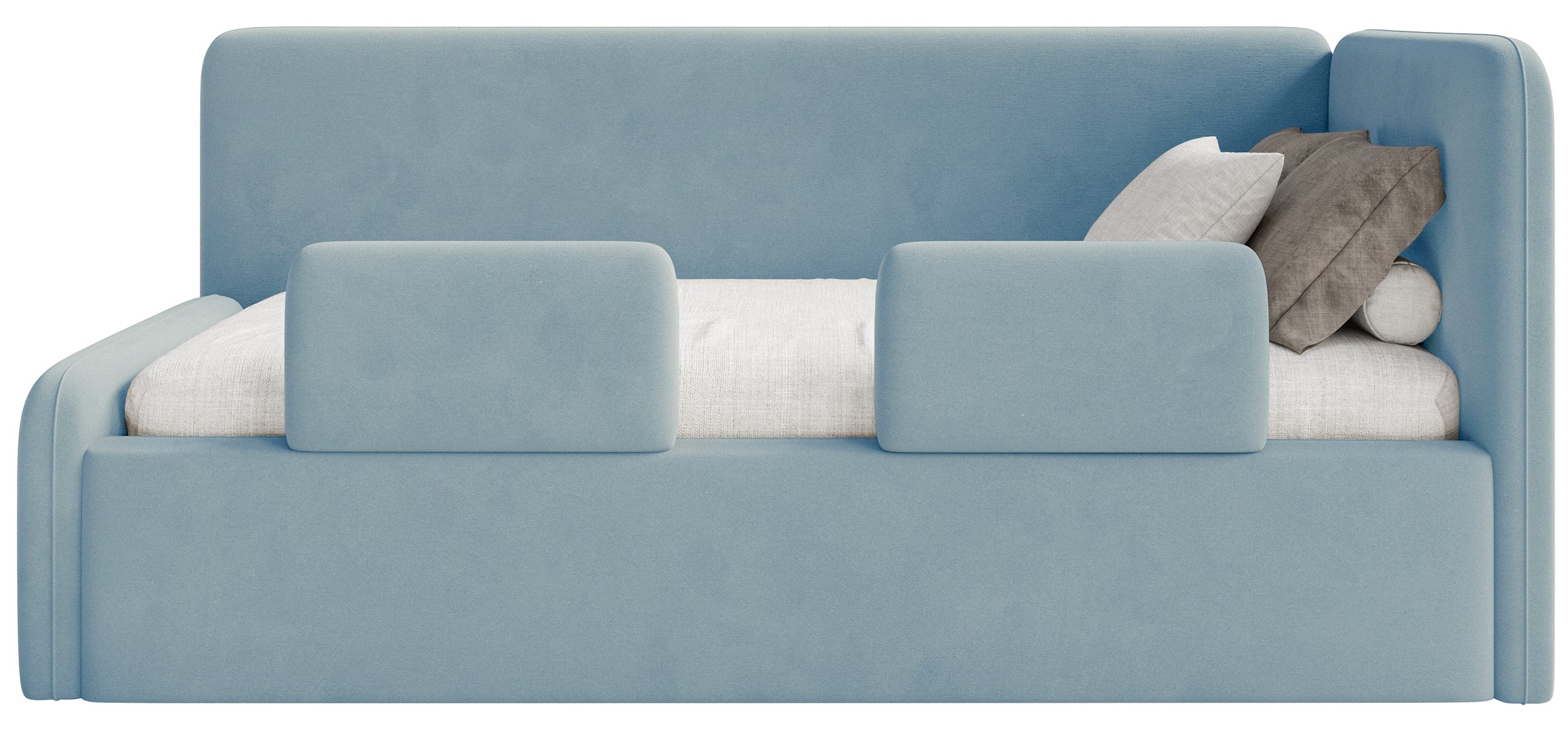 Jugendbett 90x200 cm Fanklo rechtsseitig mit Matratze, Stauraum und blauen, wasserabweisenden, leicht zu reinigenden Samtgeländern