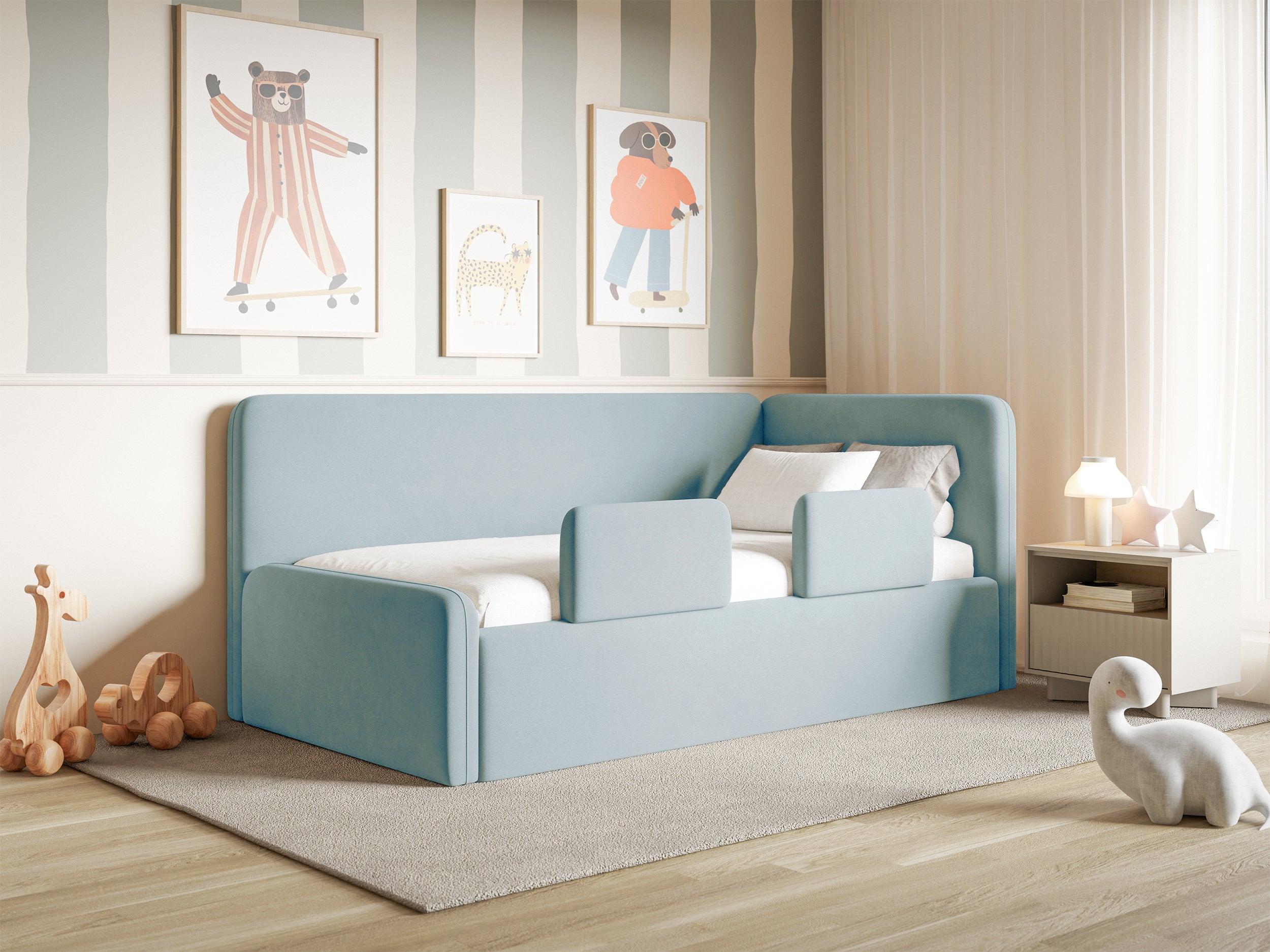 Jugendbett 90x200 cm Fanklo rechtsseitig mit Stauraum und blauen Velours-Hydrophob-Vorhängen, leicht zu reinigen