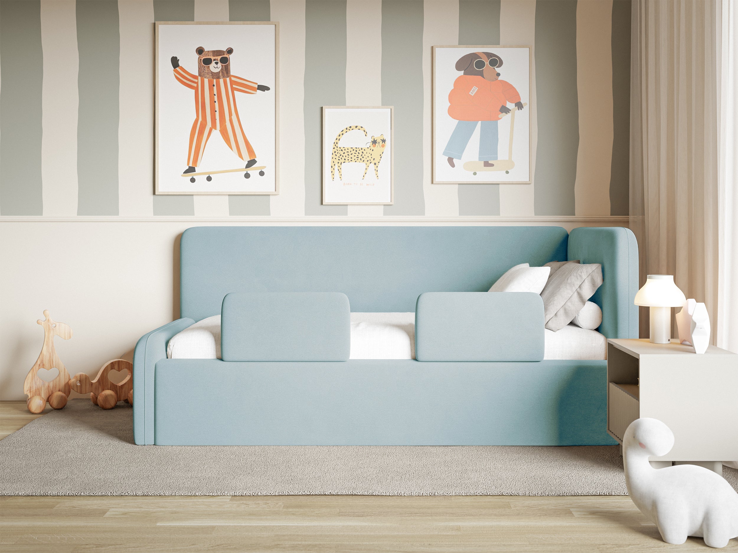 Jugendbett 90x200 cm Fanklo rechtsseitig mit Matratze, Stauraum und blauen, wasserabweisenden, leicht zu reinigenden Samtgeländern
