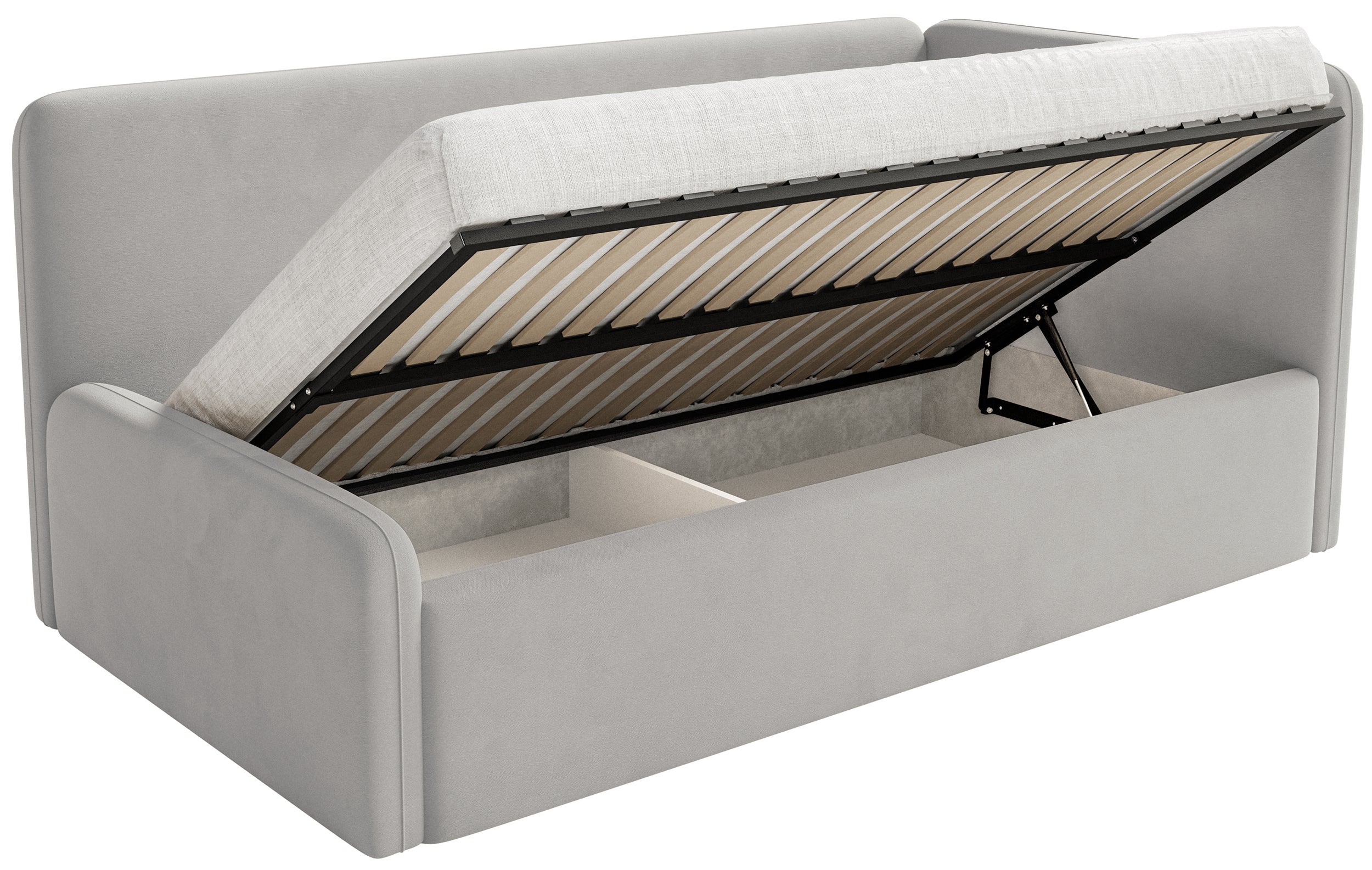 Jugendbett 120x200 cm Fanklo rechtsseitig mit Stauraum hellgrauer Velours, wasserabweisend und pflegeleicht