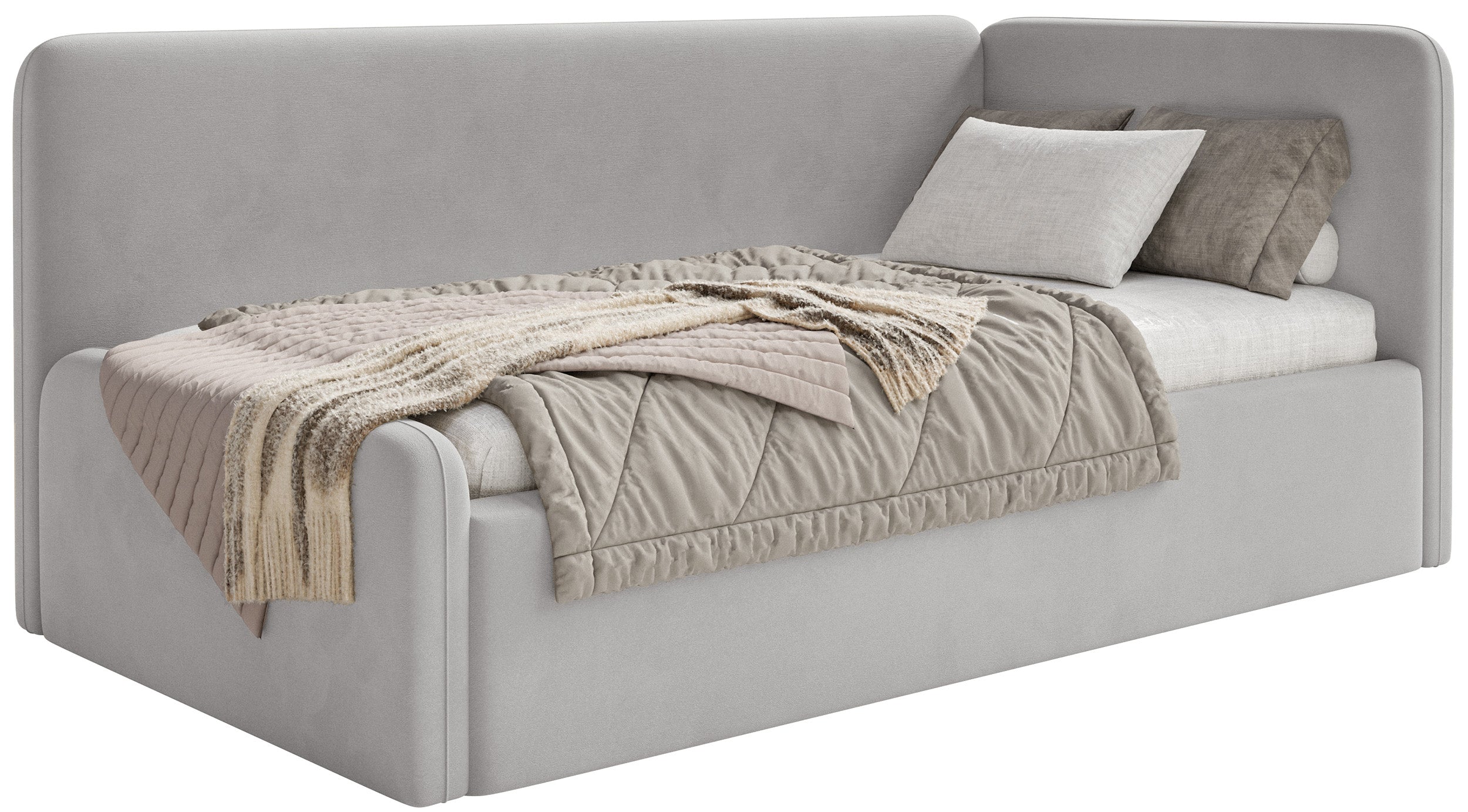 Jugendbett 120x200 cm Fanklo rechtsseitig mit Stauraum hellgrauer Velours, wasserabweisend und pflegeleicht
