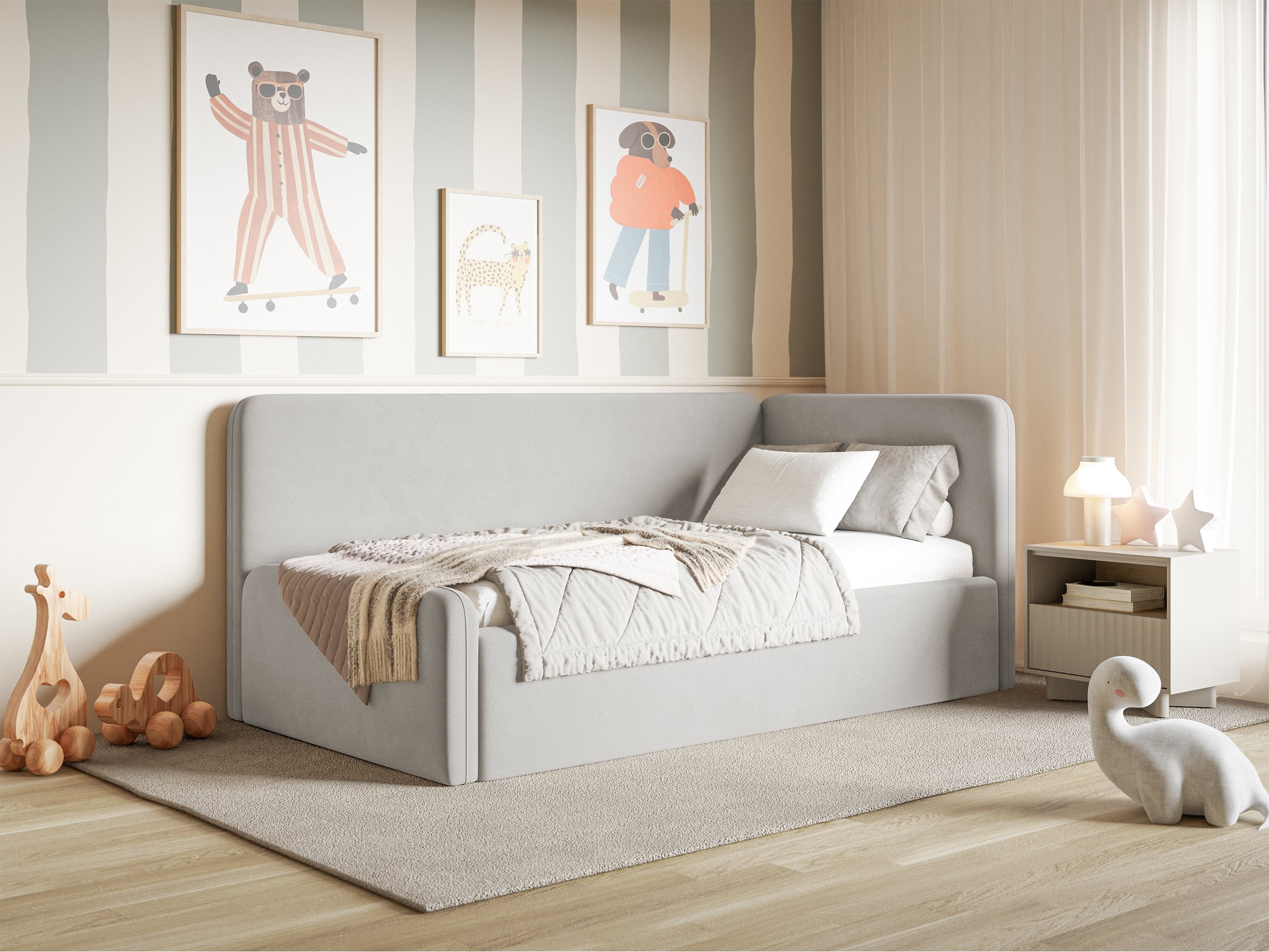 Jugendbett 90x200 cm Fanklo rechtsseitig mit Stauraum, hellgrauer Velours, wasserabweisend und leicht zu reinigen