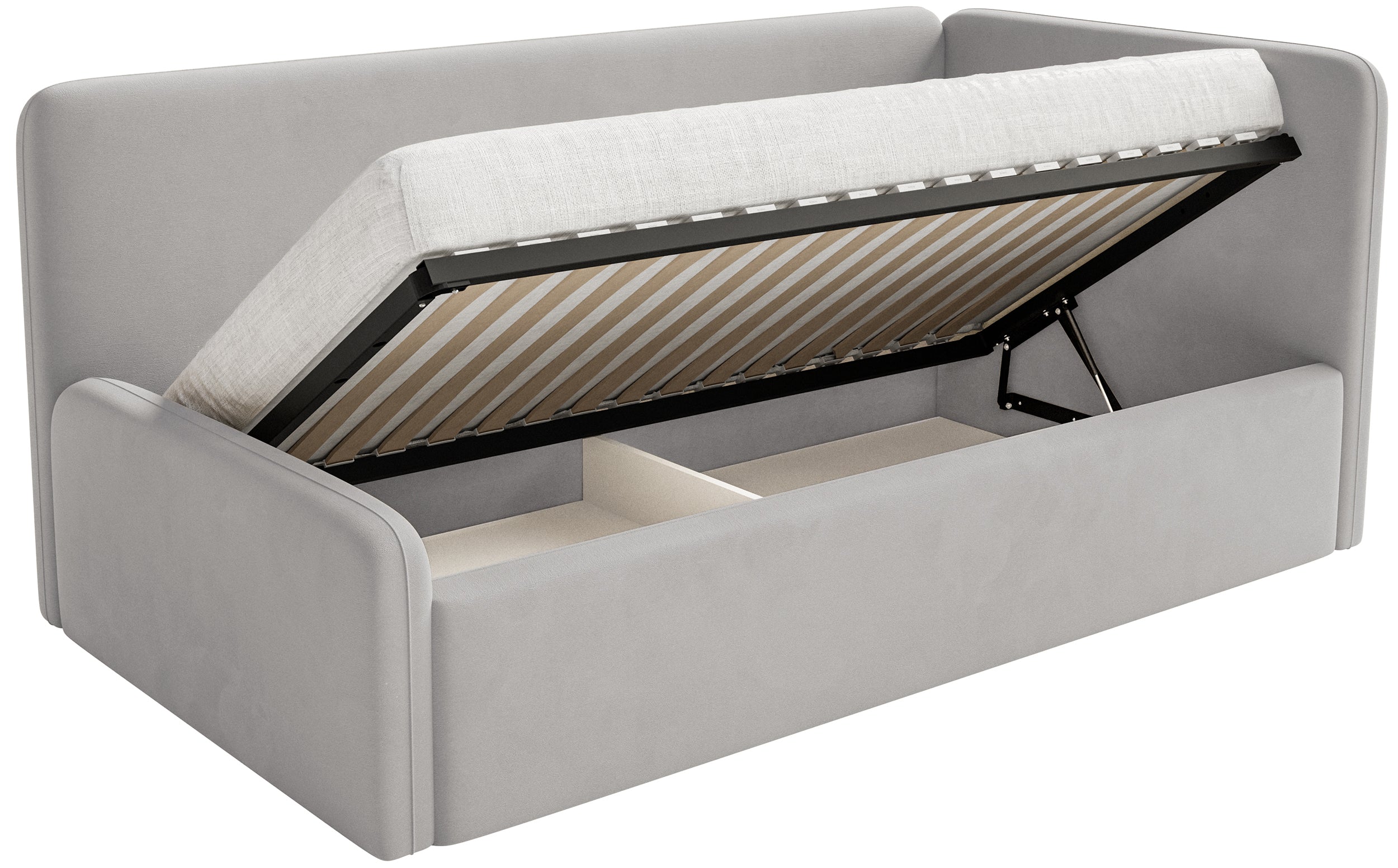 Jugendbett 90x200 cm Fanklo rechtsseitig mit Stauraum, hellgrauer Velours, wasserabweisend und leicht zu reinigen