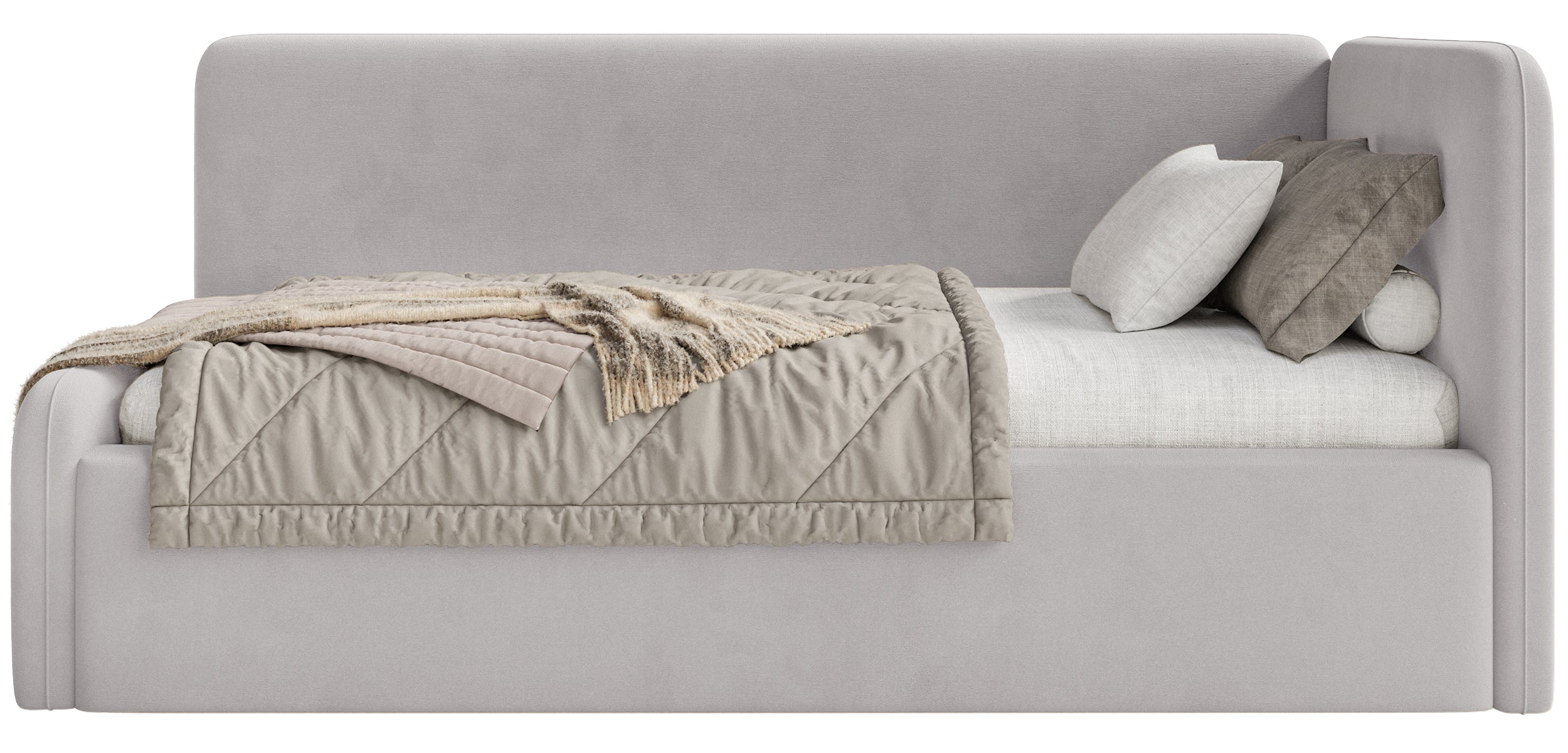 Jugendbett 120x200 cm Fanklo rechtsseitig mit Stauraum hellgrauer Velours, wasserabweisend und pflegeleicht