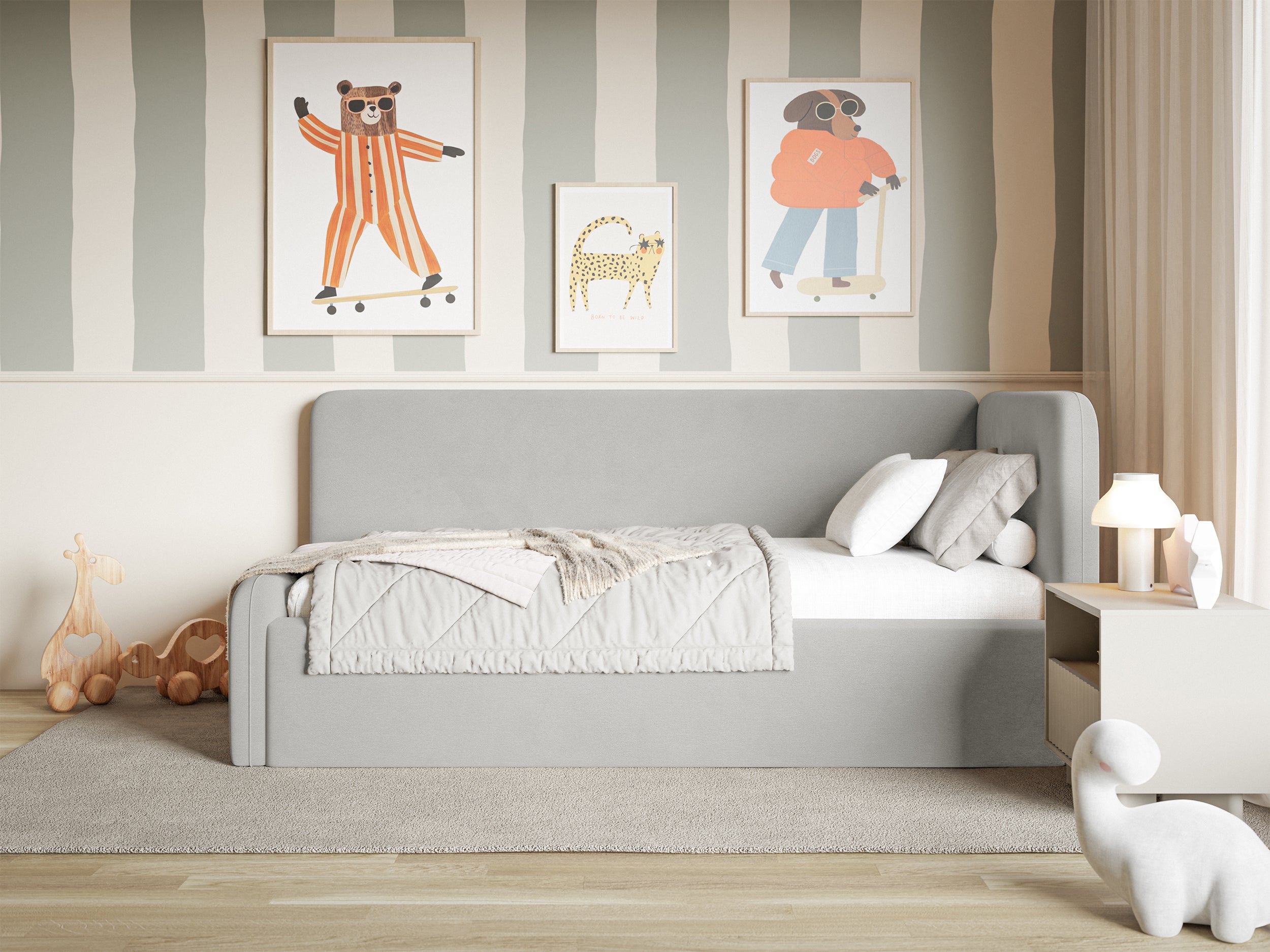 Jugendbett 90x200 cm Fanklo rechtsseitig mit Stauraum, hellgrauer Velours, wasserabweisend und leicht zu reinigen