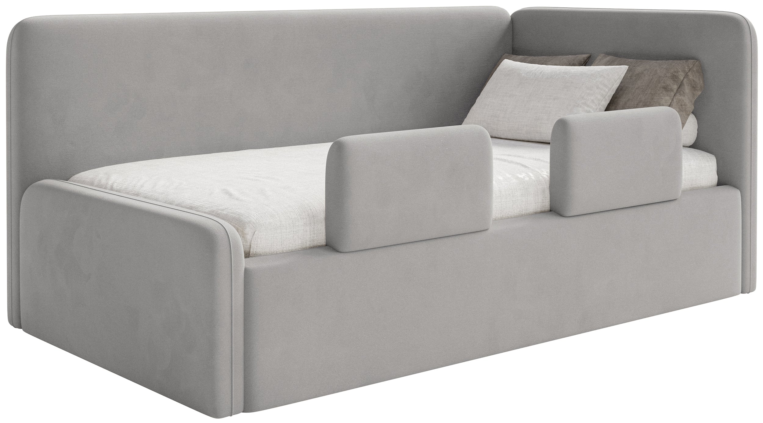 Jugendbett 90x200 cm Fanklo rechtsseitig mit Stauraum und Geländern, hellgrauer Velours, wasserabweisend und pflegeleicht