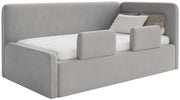 Jugendbett 120x200 cm Fanklo rechtsseitig mit Matratze, Stauraum und hellgrauen, wasserabweisenden, pflegeleichten Samt-Gittern