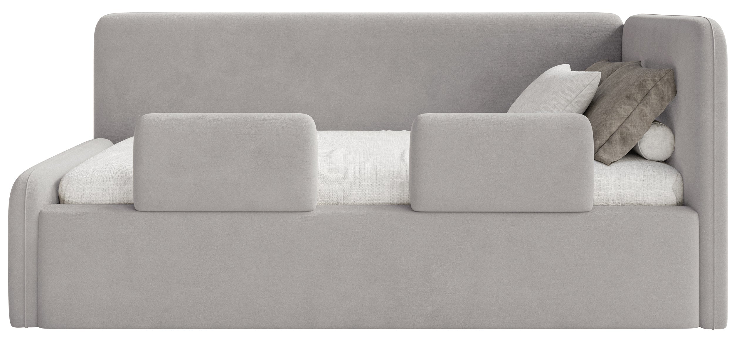 Jugendbett 90x200 cm Fanklo rechtsseitig mit Matratze, Stauraum und hellgrauen, wasserabweisenden, pflegeleichten Samt-Gittern