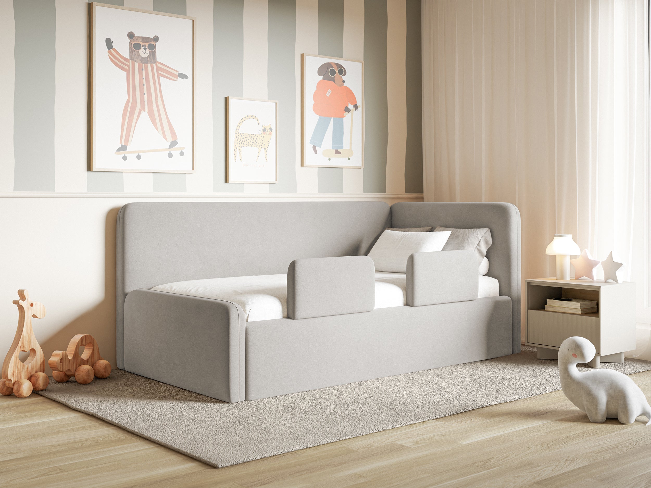 Jugendbett 90x200 cm Fanklo rechtsseitig mit Stauraum und Geländern, hellgrauer Velours, wasserabweisend und pflegeleicht