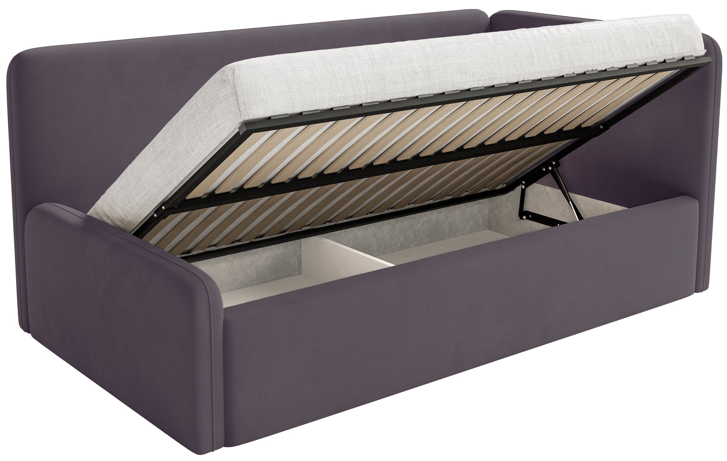 Jugendbett 120x200 cm Fanklo rechtsseitig mit Matratze und Stauraum, violetter Velours, wasserabweisend und pflegeleicht
