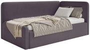 Jugendbett 120x200 cm Fanklo rechtsseitig mit Matratze und Stauraum, violetter Velours, wasserabweisend und pflegeleicht