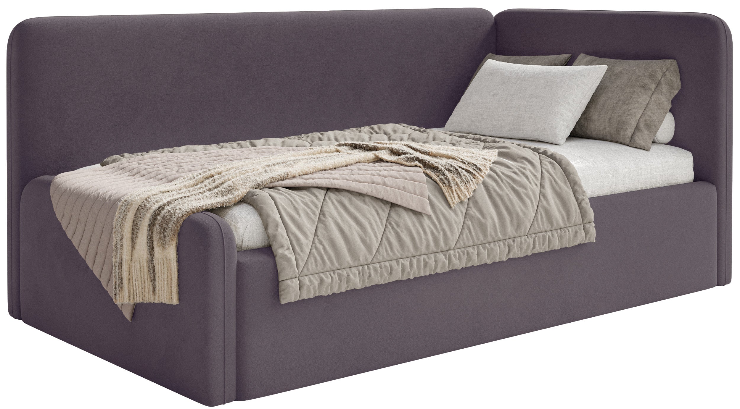 Jugendbett 120x200 cm Fanklo rechtsseitig mit Matratze und Stauraum, violetter Velours, wasserabweisend und pflegeleicht
