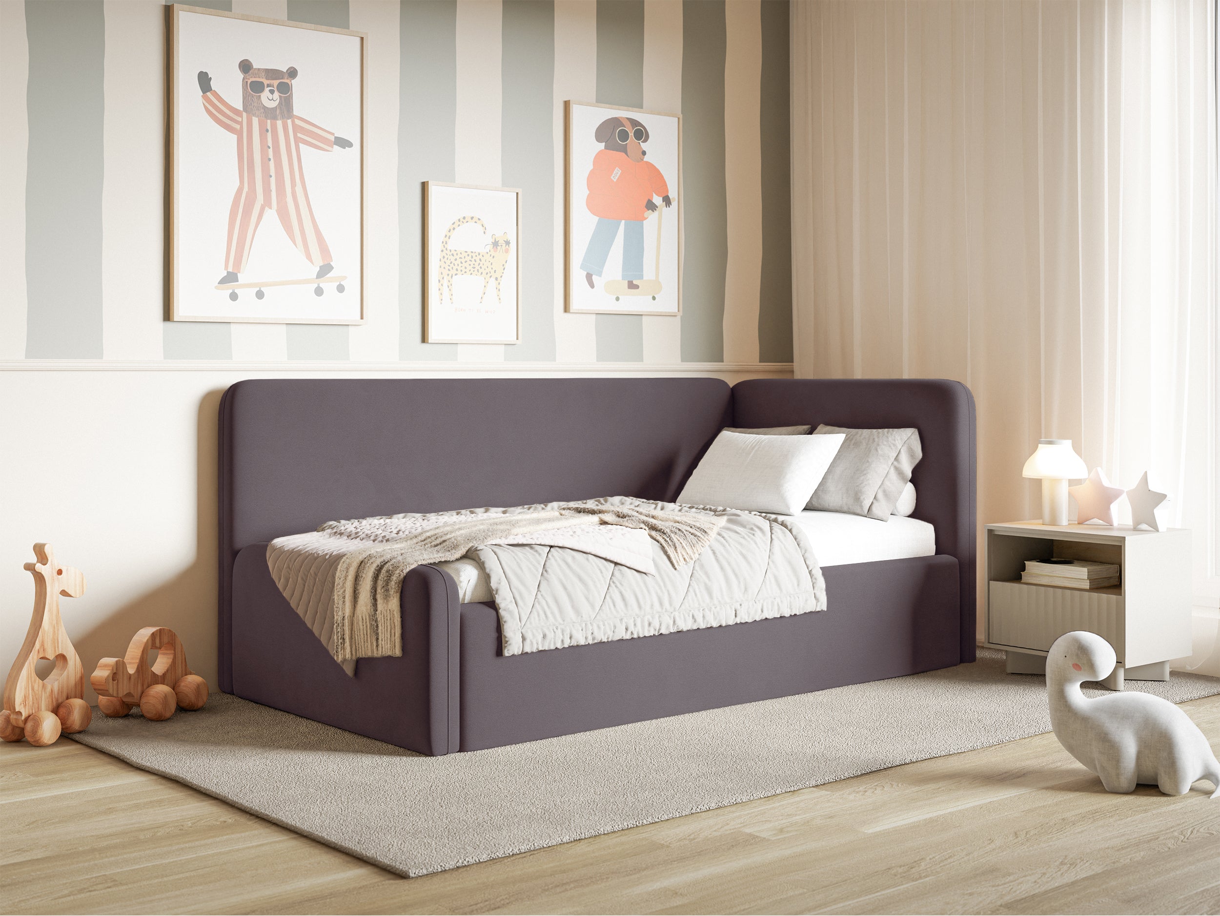 Jugendbett 120x200 cm Fanklo rechtsseitig mit Matratze und Stauraum, violetter Velours, wasserabweisend und pflegeleicht