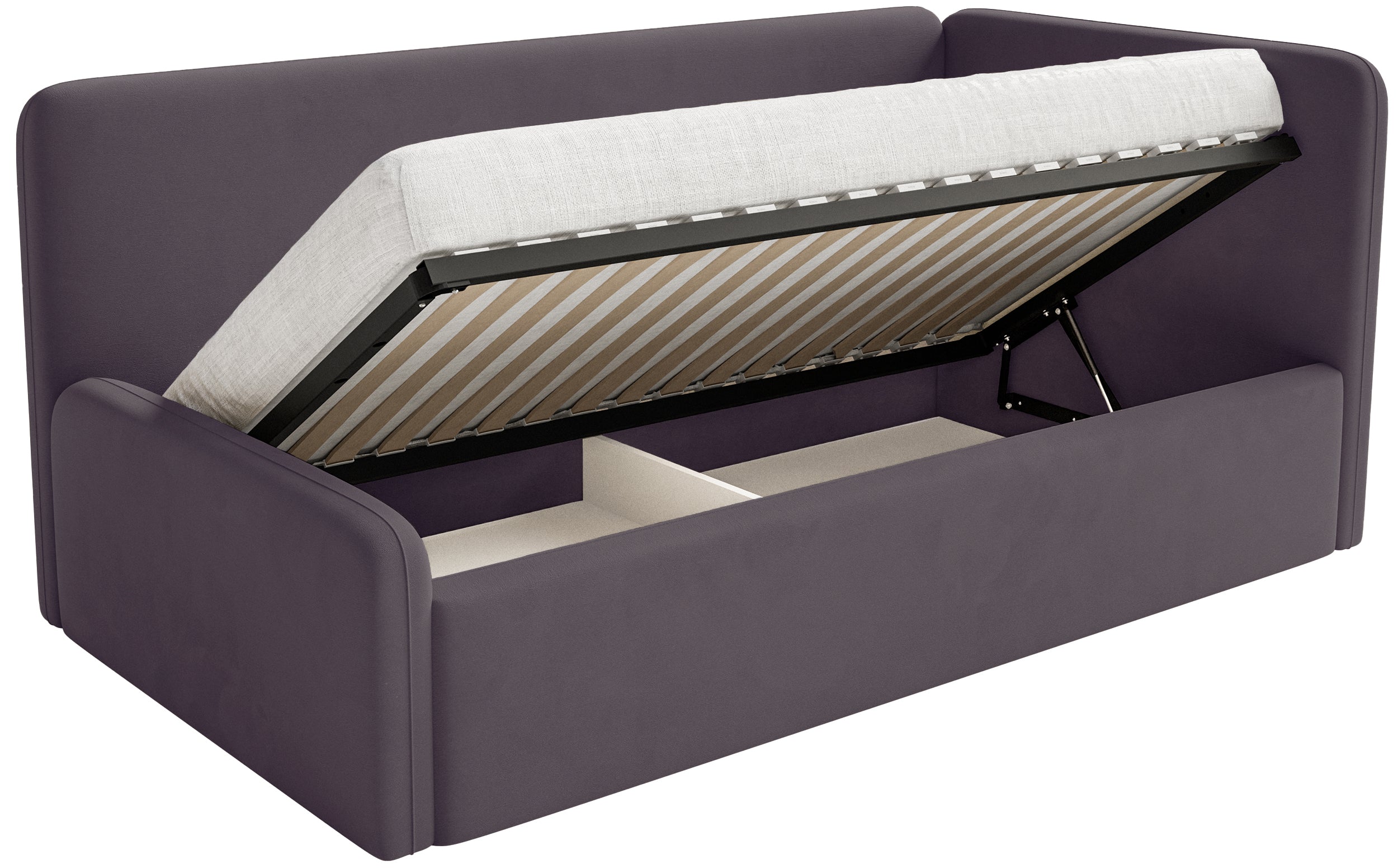 Jugendbett 90x200 cm Fanklo rechtsseitig mit Matratze, Stauraum und Gittern, violetter Velours, wasserabweisend und leicht zu reinigen