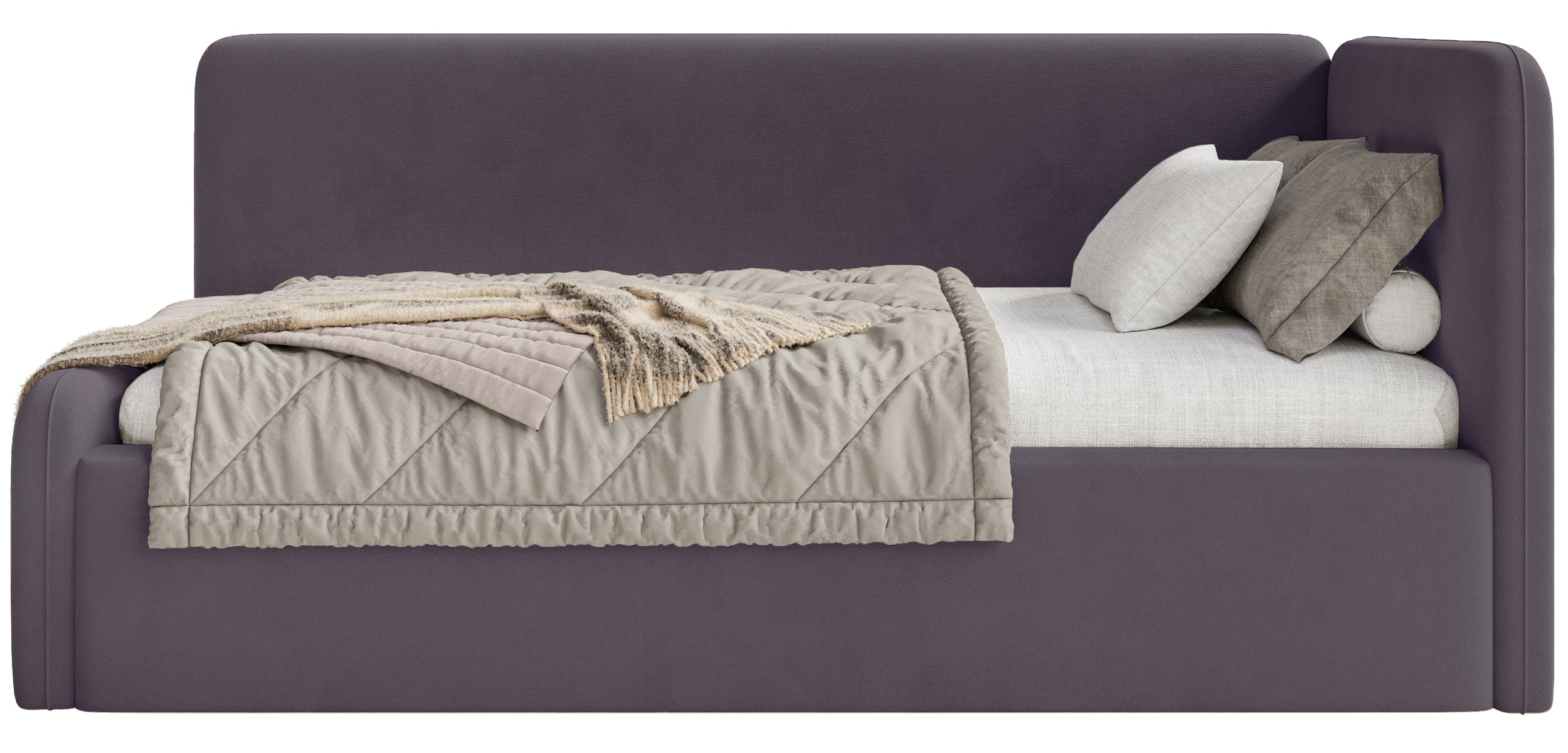 Jugendbett 120x200 cm Fanklo rechtsseitig mit Matratze und Stauraum, violetter Velours, wasserabweisend und pflegeleicht