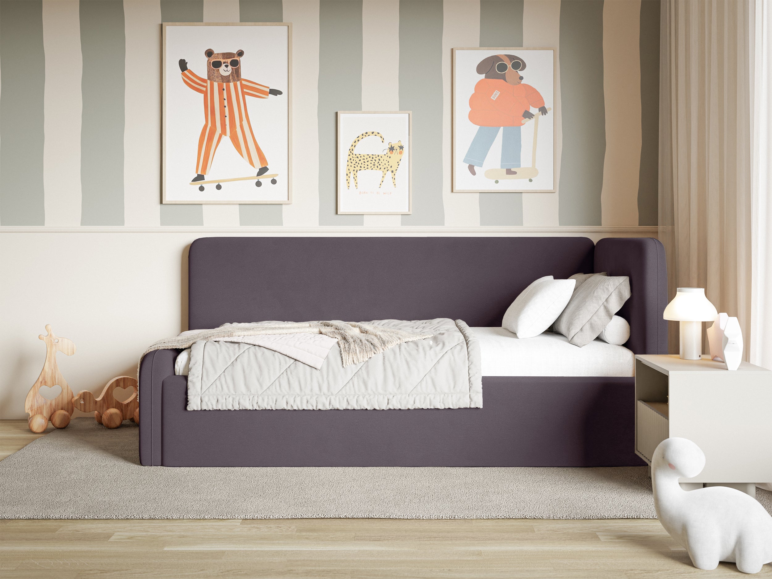 Jugendbett 120x200 cm Fanklo rechtsseitig mit Matratze und Stauraum, violetter Velours, wasserabweisend und pflegeleicht